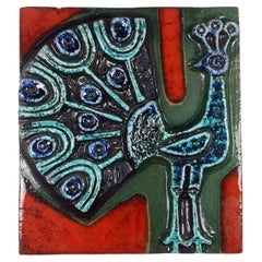 Vintage Glazed Ceramic Wall Plaque, with Peacock Motiv, 1970s