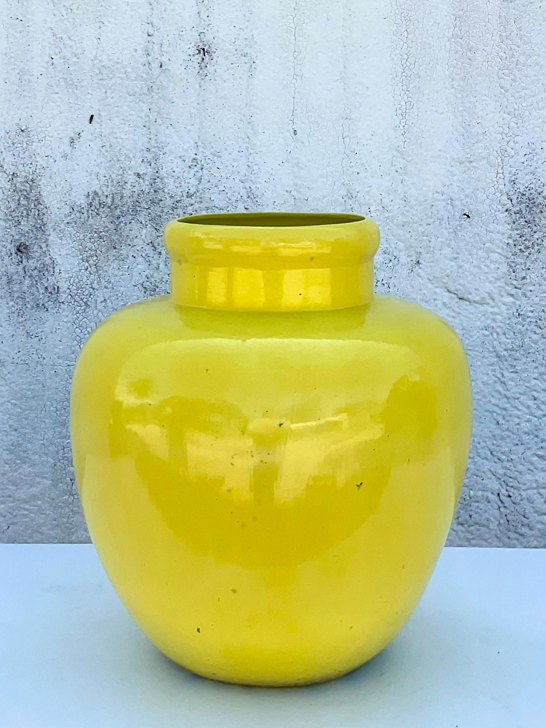 Bohemian Vintage Glazed Ceramic Yellow Urn For Sale