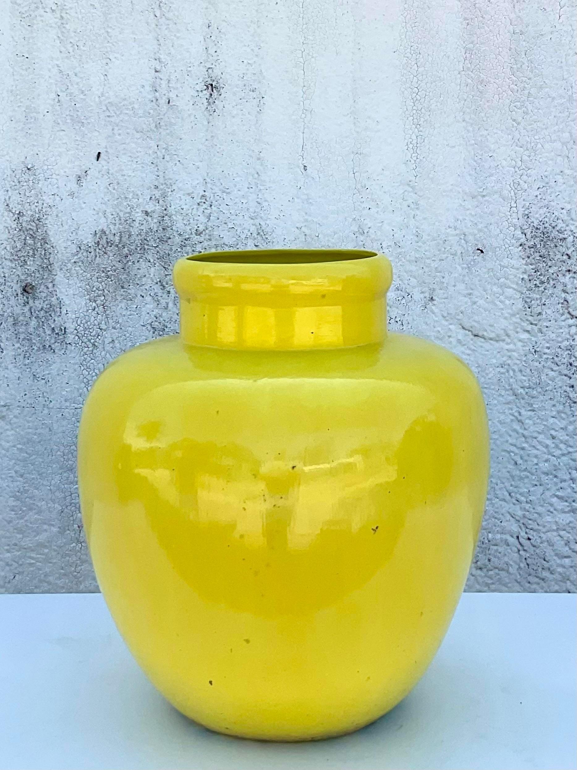 Vintage Glazed Ceramic Yellow Urn For Sale 2