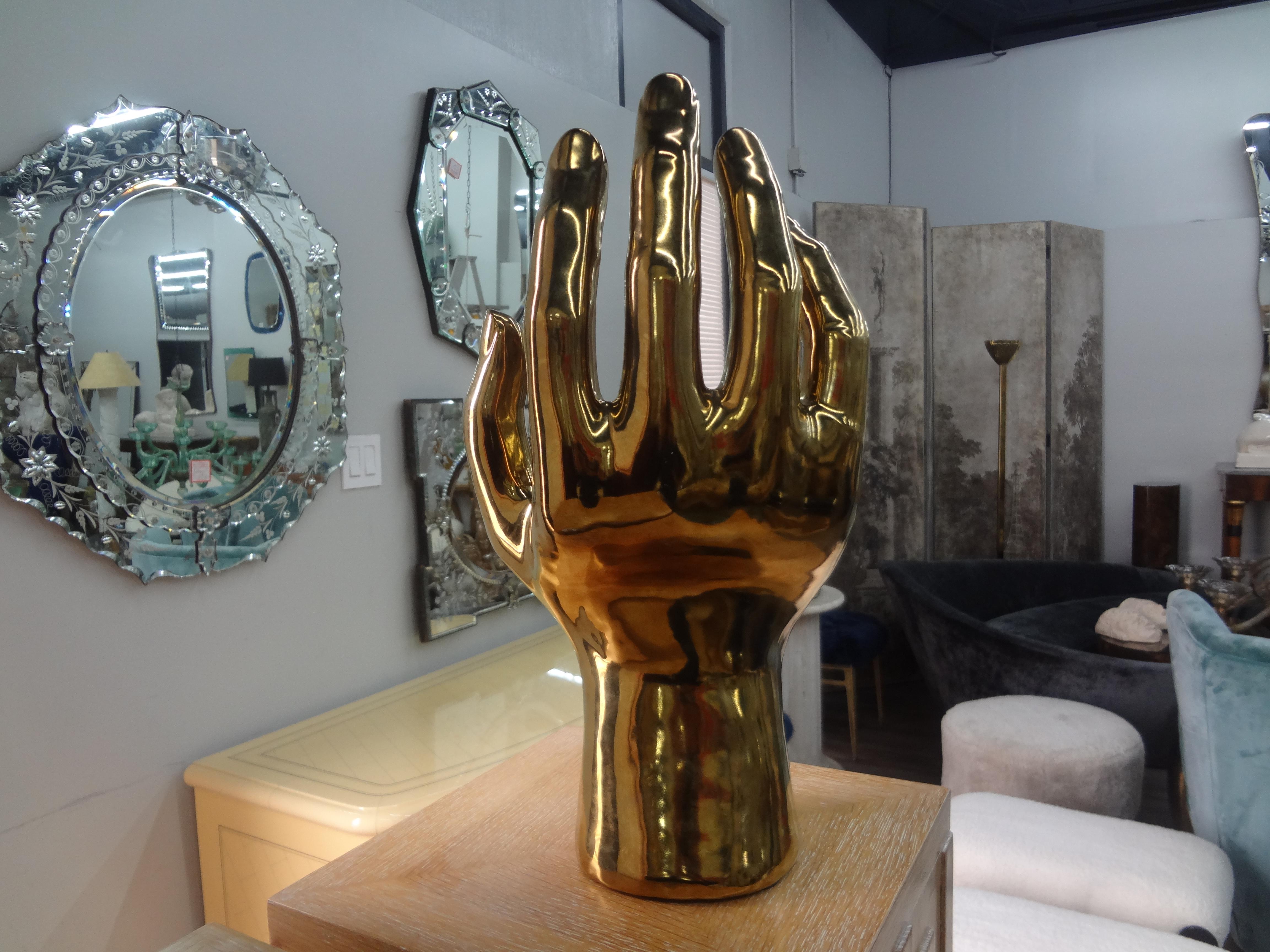 Vintage Glazed Gilt Ceramic Hand Sculpture In Good Condition For Sale In Houston, TX