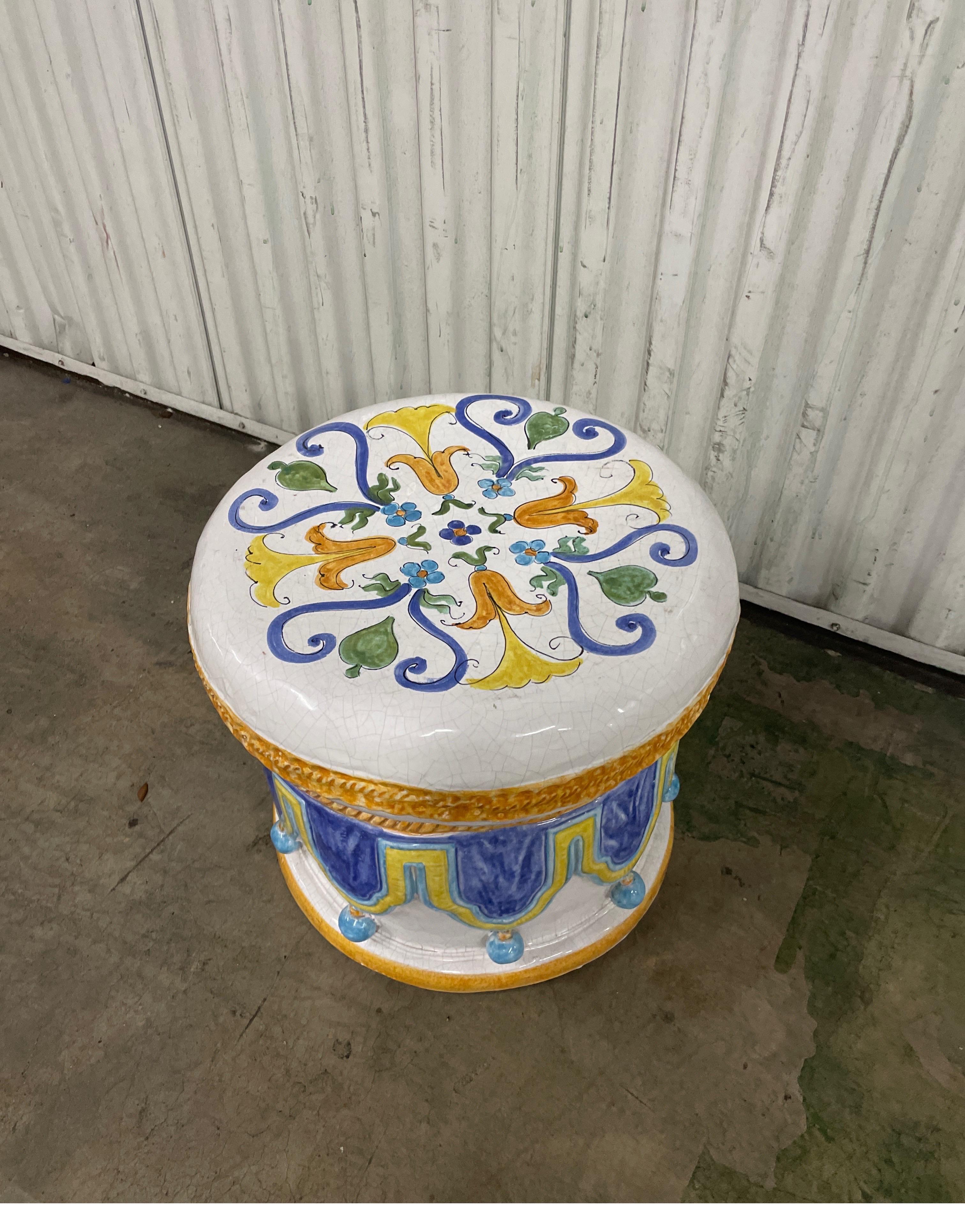Terracotta Vintage Glazed Italian Terra Cotta Drum Style Garden Seat For Sale