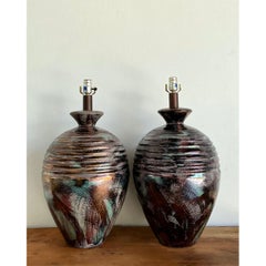 Vintage Glazed Metallic Ceramic Lamps - Set of 2