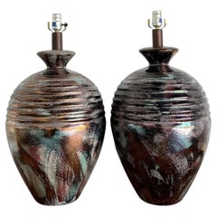 Vintage Glazed Metallic Ceramic Lamps - Set of 2