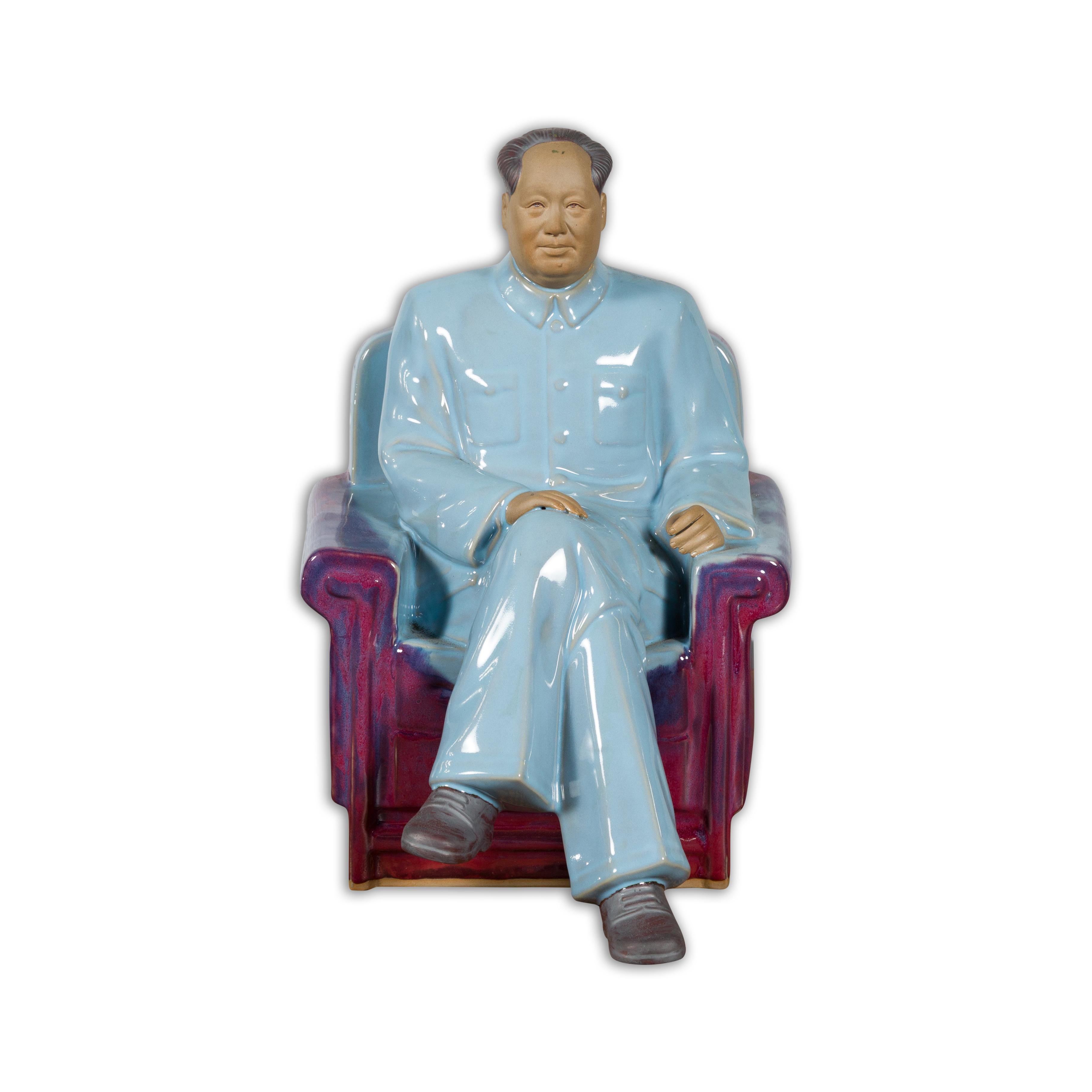 Vintage Glazed Porcelain Statuette of Mao Zedong Seated on an Armchair For Sale 7