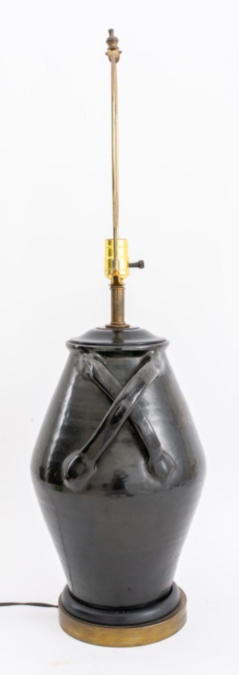 Metal Vintage Glazed Pottery Amphora Mounted Lamp For Sale