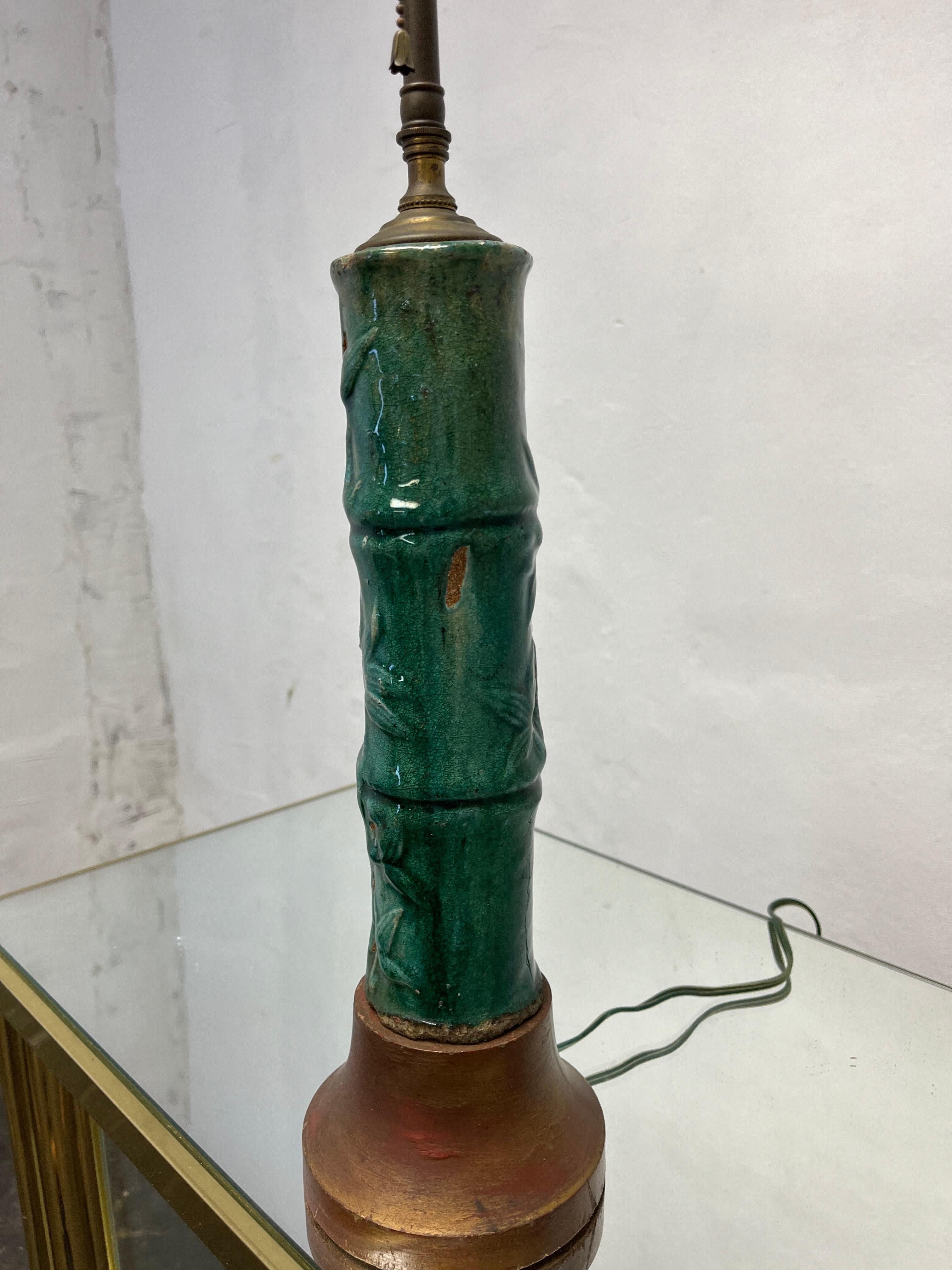 Unknown Vintage Glazed Pottery Bamboo Lamp For Sale