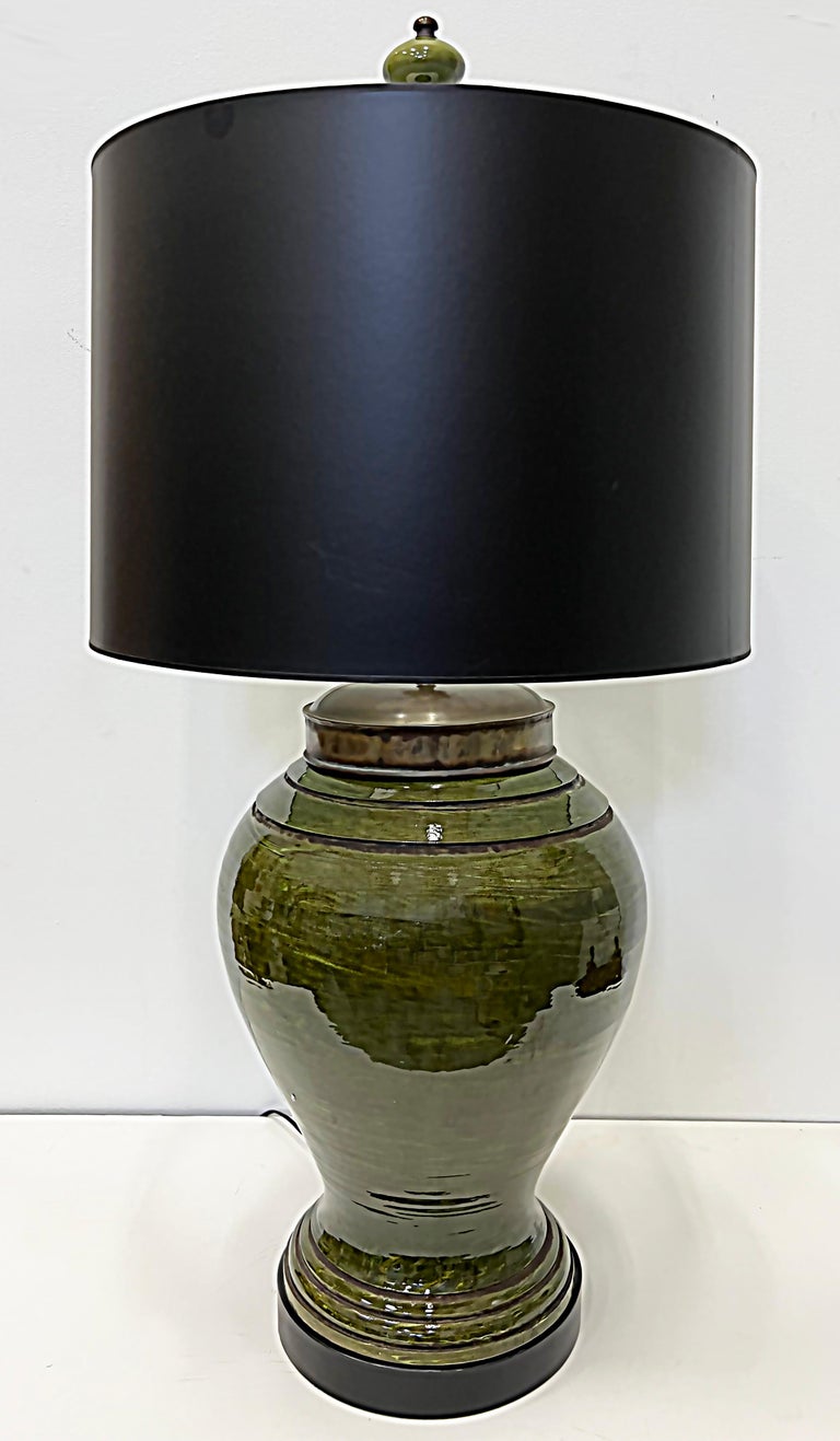Vintage Glazed Pottery Ginger Jar Table Lamp with Finial For Sale at