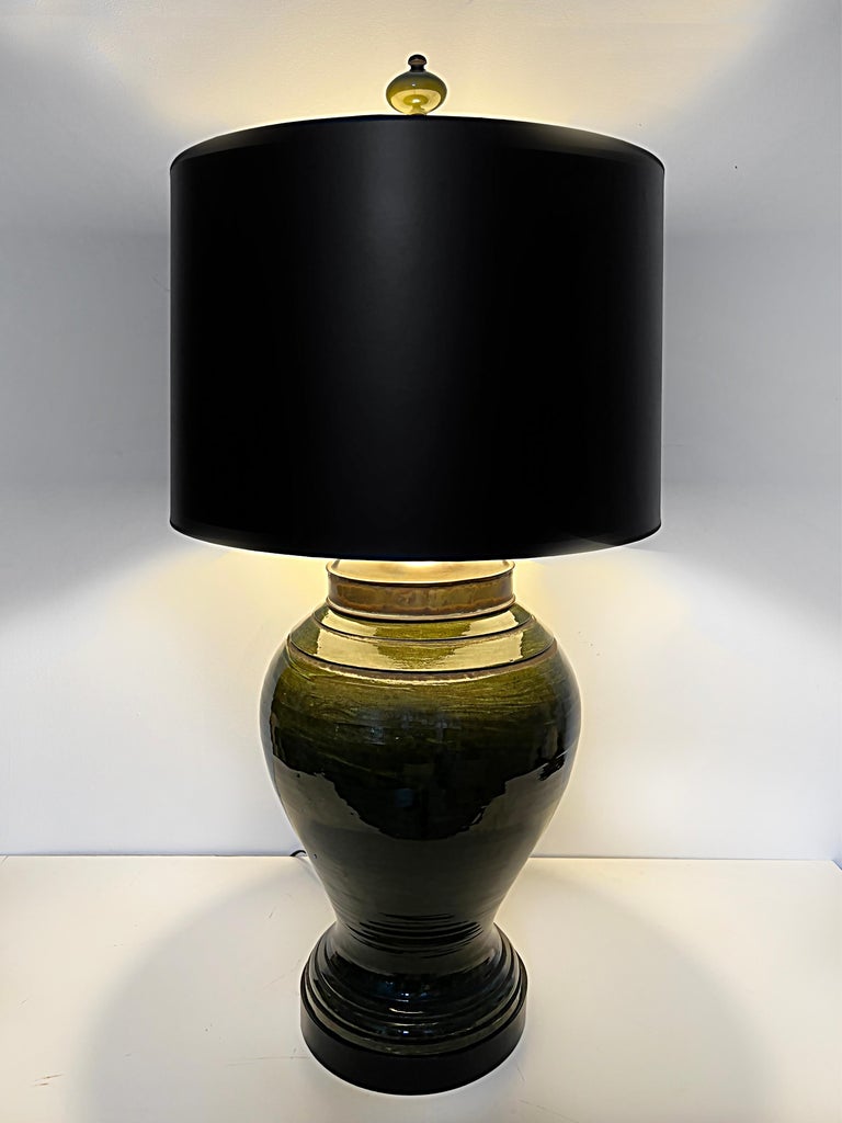 Vintage Glazed Pottery Ginger Jar Table Lamp with Finial For Sale at