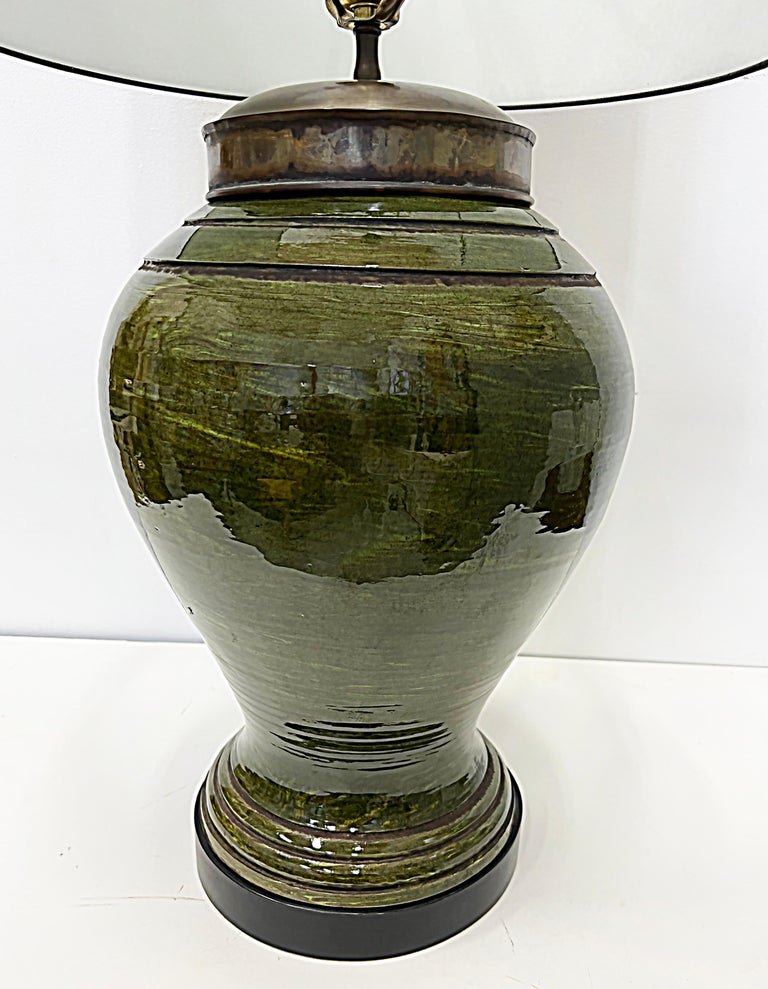 Vintage Glazed Pottery Ginger Jar Table Lamp with Finial For Sale at