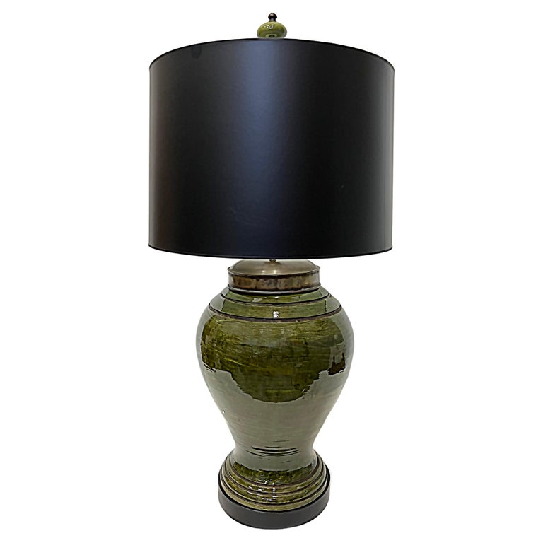 Vintage Glazed Pottery Ginger Jar Table Lamp with Finial For Sale at