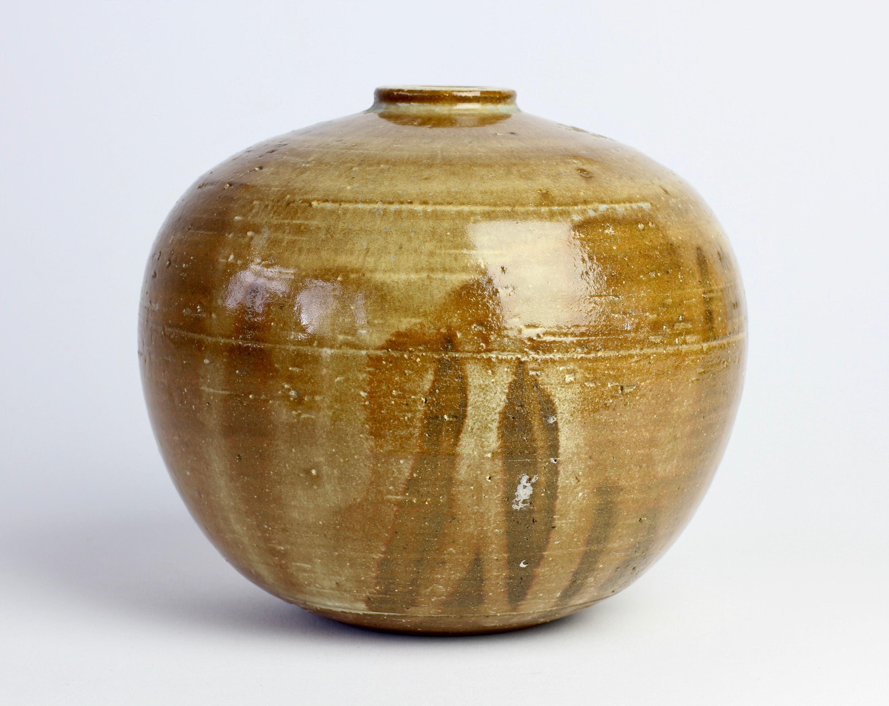 Vintage Glazed Signed European Art Studio Stoneware Pottery Vase or Vessel For Sale 1