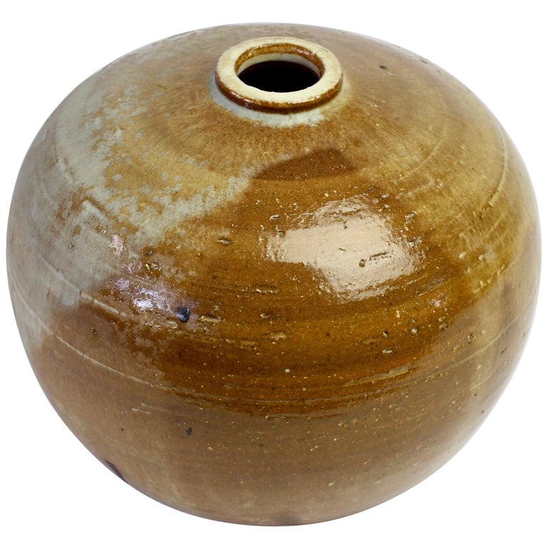 Vintage Glazed Signed European Art Studio Stoneware Pottery Vase or Vessel For Sale