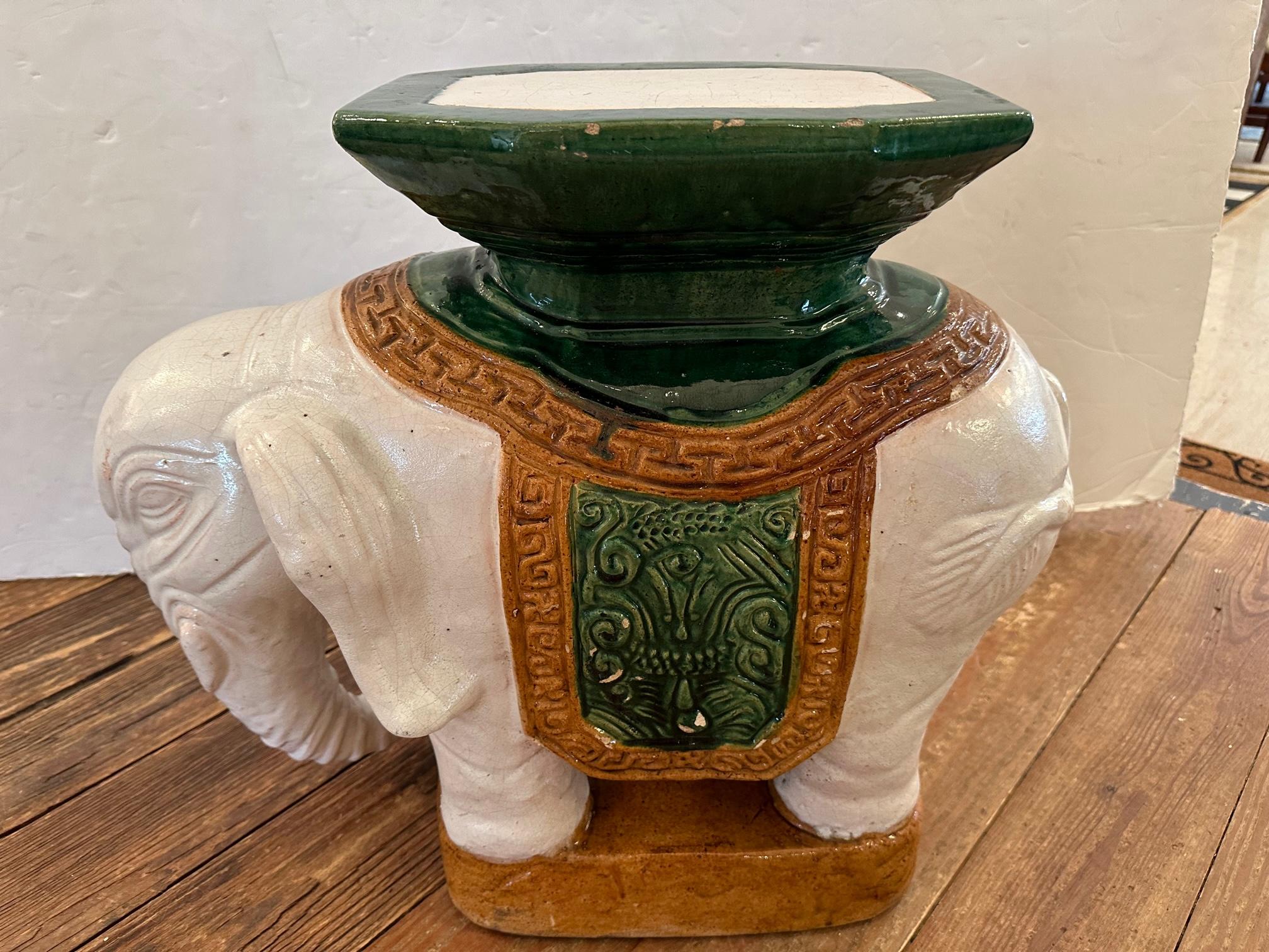 Vintage Glazed Stoneware Chinese Elephant Garden Seat End Table In Distressed Condition For Sale In Hopewell, NJ