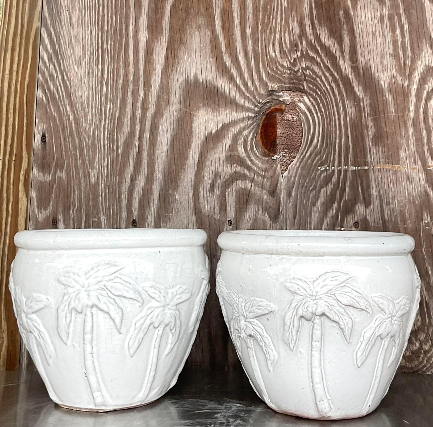 American Vintage Glazed Terra Cotta Palm Tree Planters - a Pair For Sale