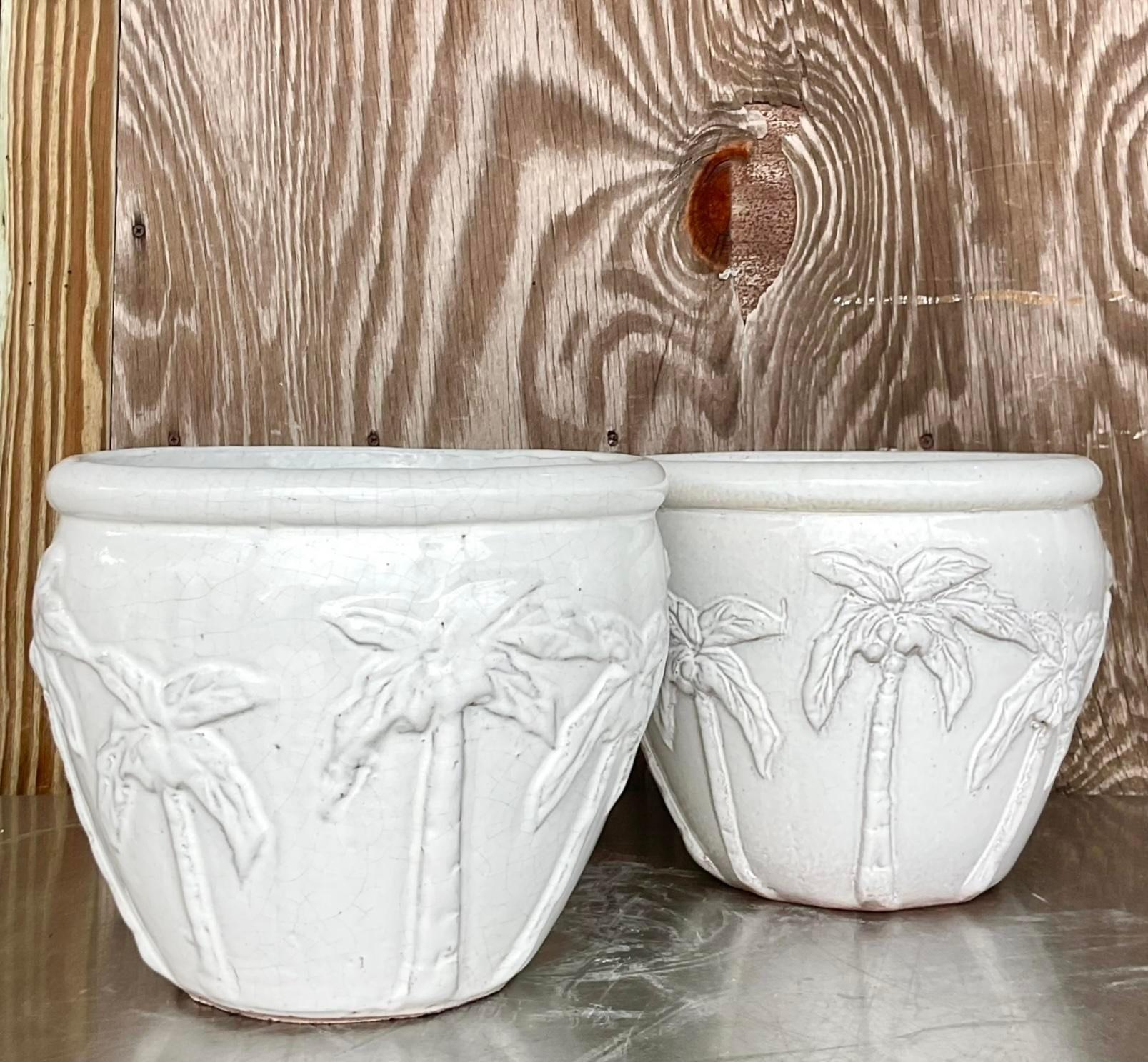 Vintage Glazed Terra Cotta Palm Tree Planters - a Pair In Good Condition For Sale In west palm beach, FL