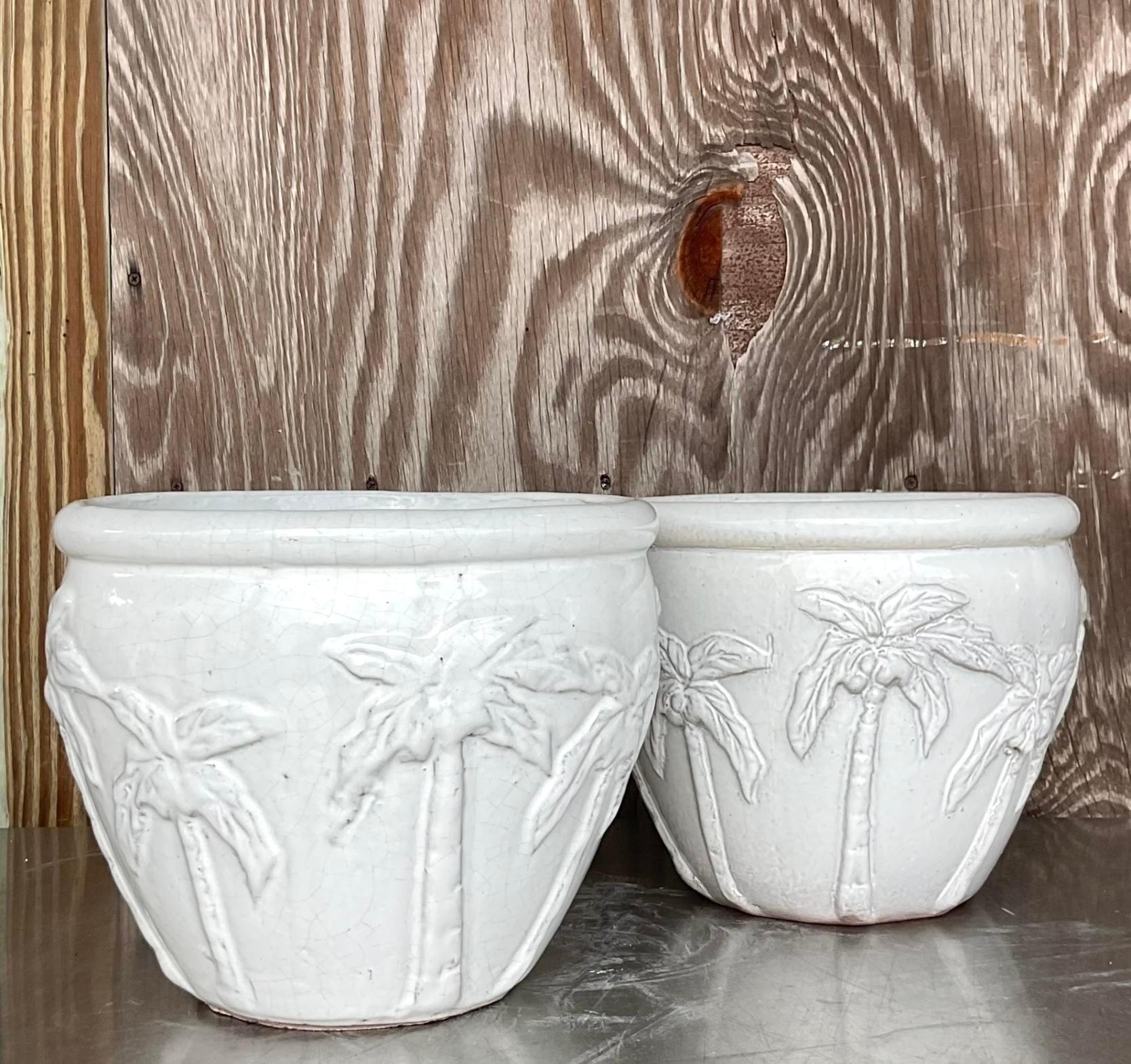 Terracotta Vintage Glazed Terra Cotta Palm Tree Planters - a Pair For Sale