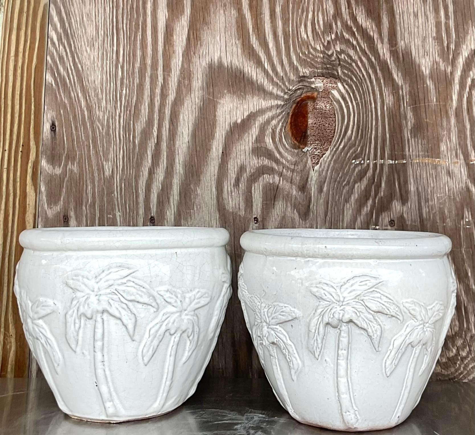 Vintage Glazed Terra Cotta Palm Tree Planters - a Pair For Sale 1