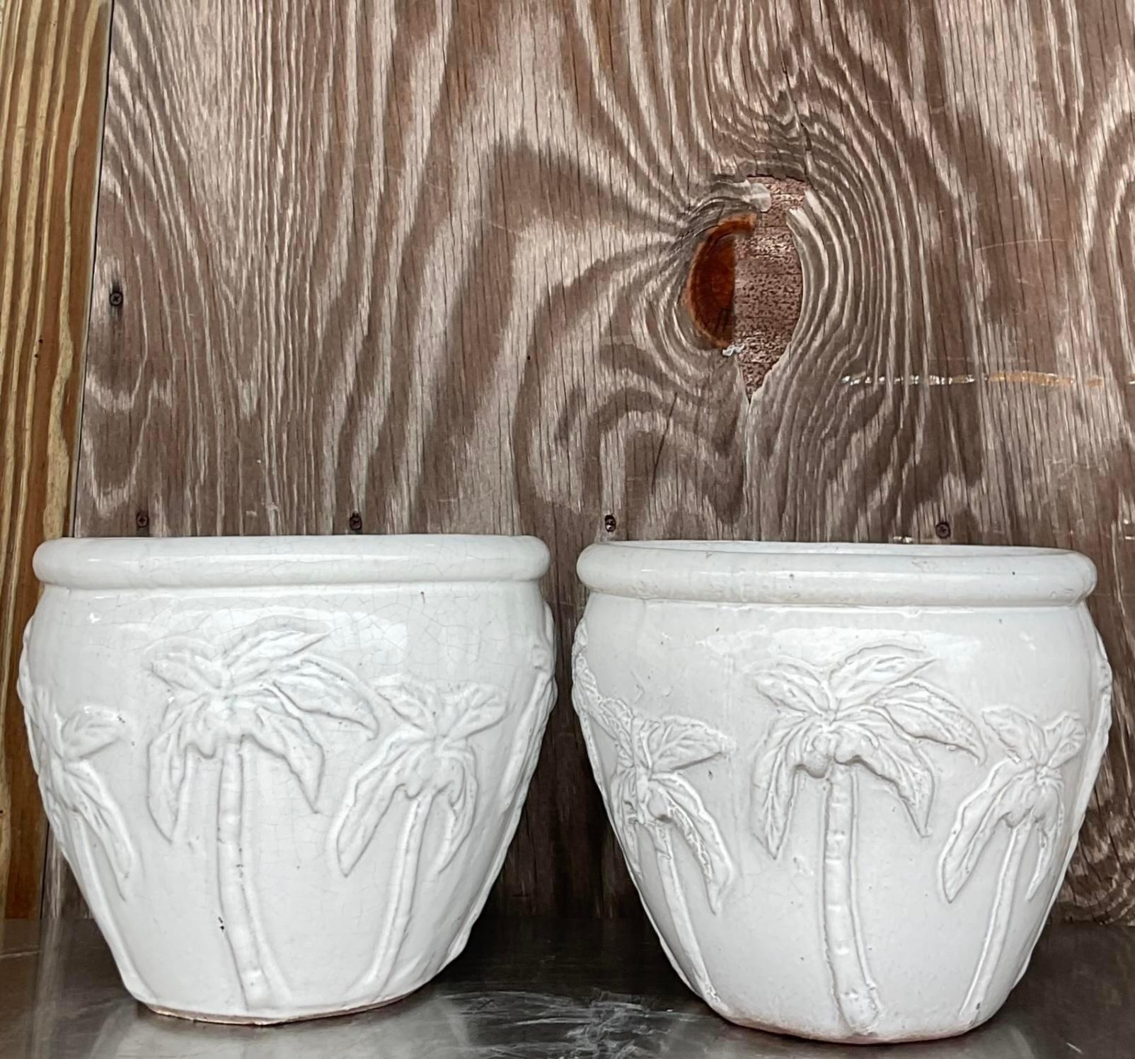 Vintage Glazed Terra Cotta Palm Tree Planters - a Pair For Sale 2