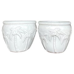 Vintage Glazed Terra Cotta Palm Tree Planters - a Pair