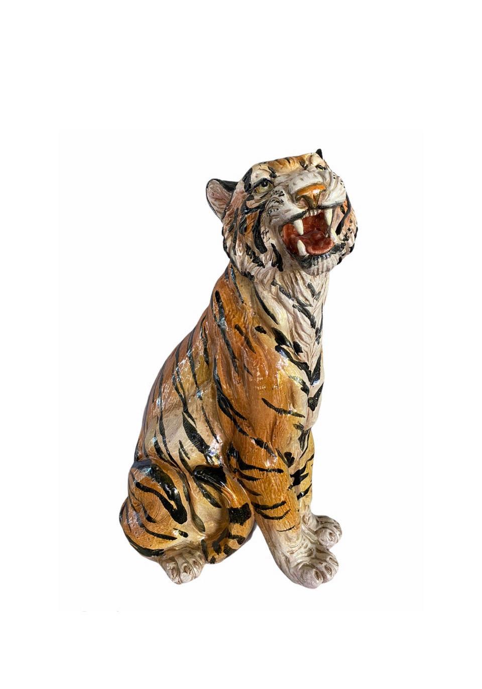 Inconnu Sculpture Vintage en Terracota émaillée Tigre rugissant
