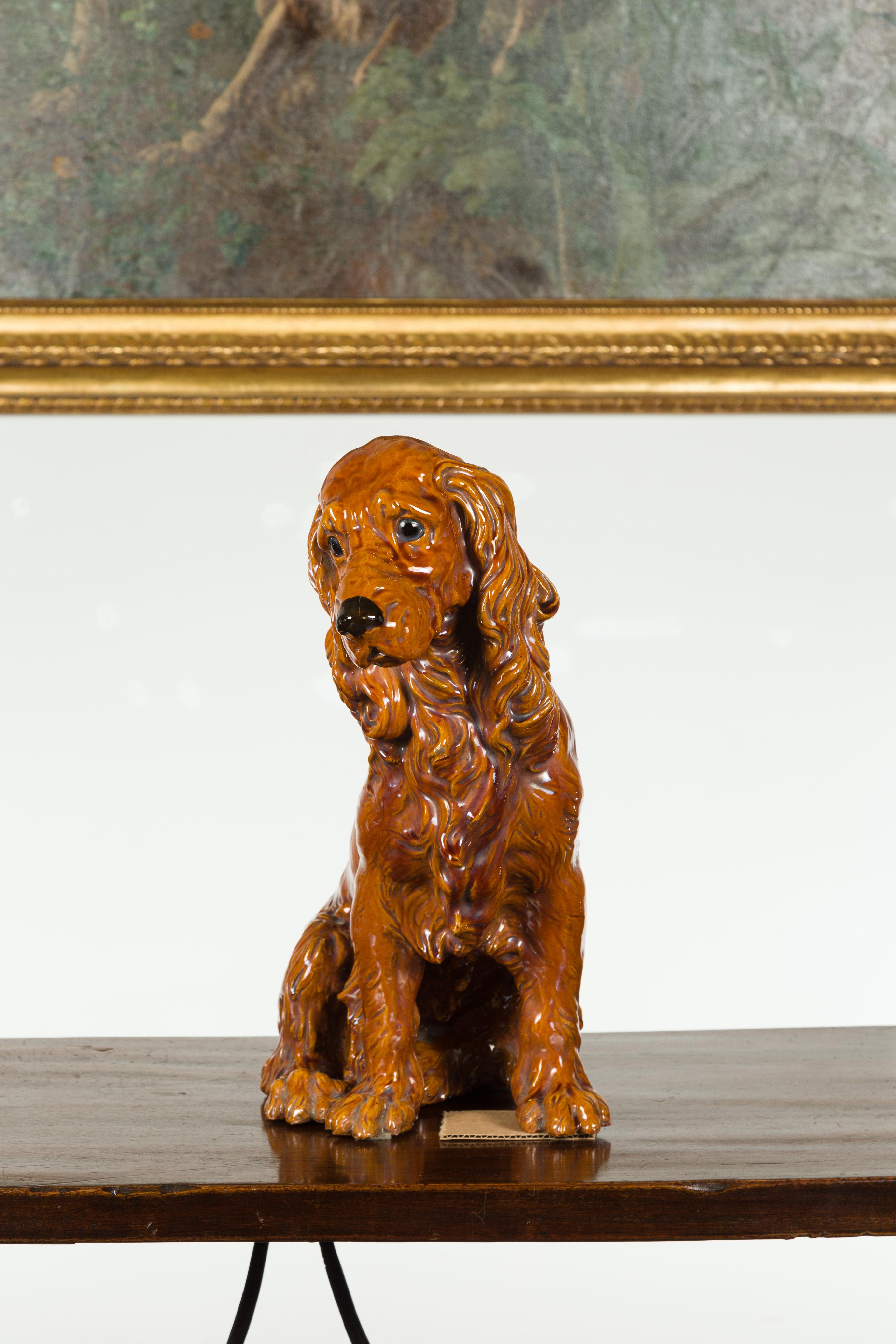 Vintage Glazed Terracotta Dog Sculpture Depicting a Russet Cocker Spaniel 4