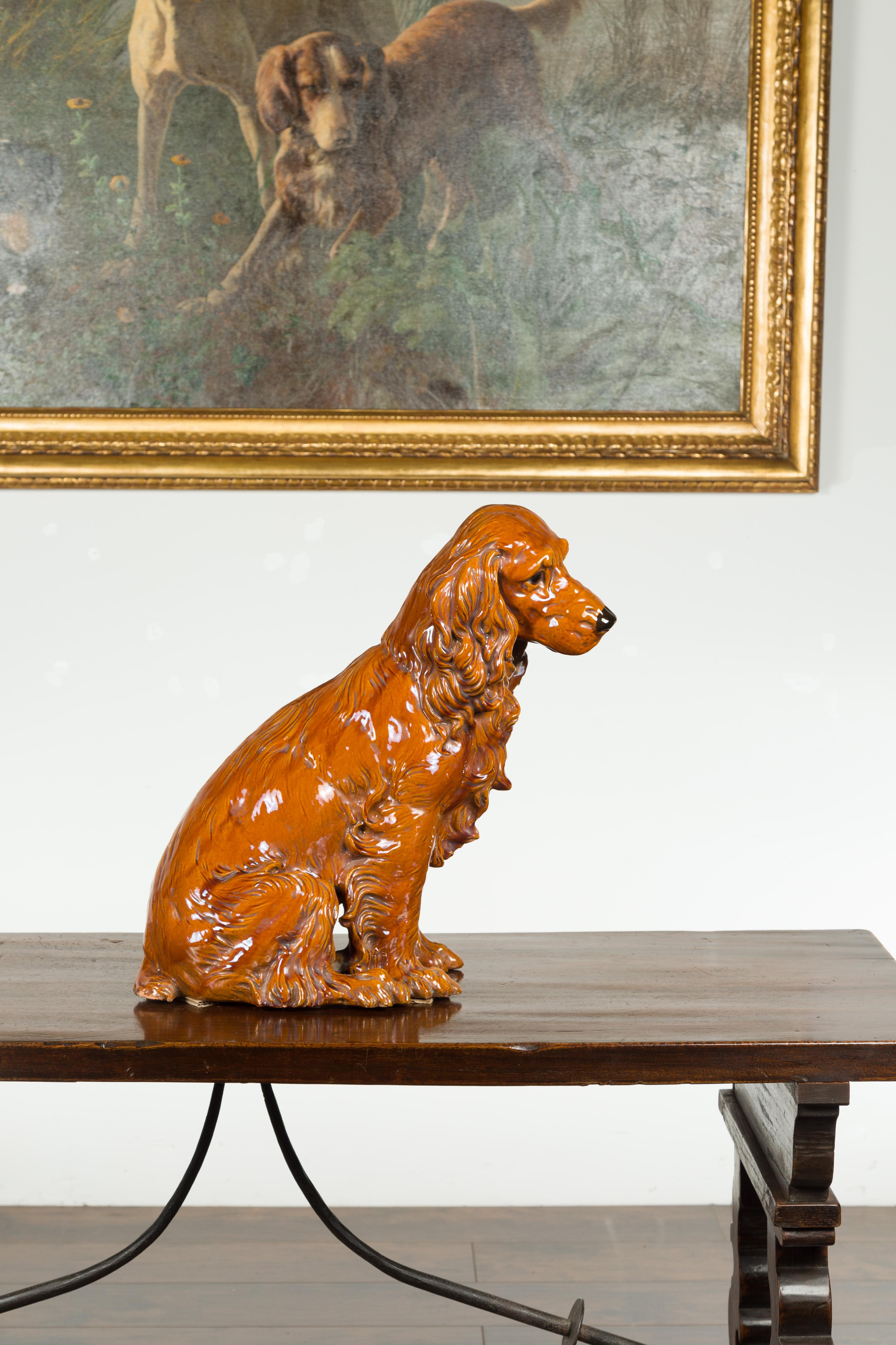 Mid-Century Modern Vintage Glazed Terracotta Dog Sculpture Depicting a Russet Cocker Spaniel