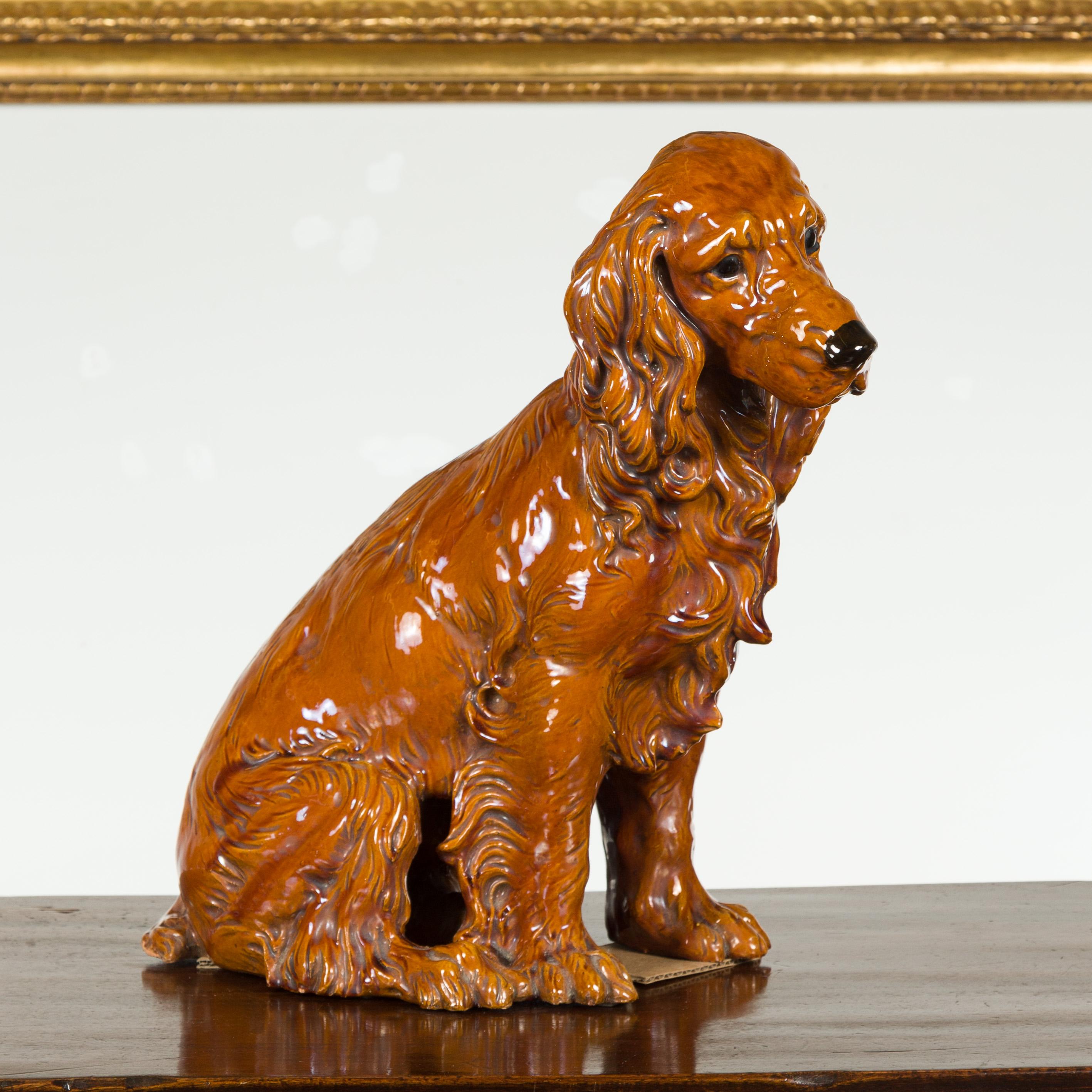 Vintage Glazed Terracotta Dog Sculpture Depicting a Russet Cocker Spaniel In Good Condition In Atlanta, GA