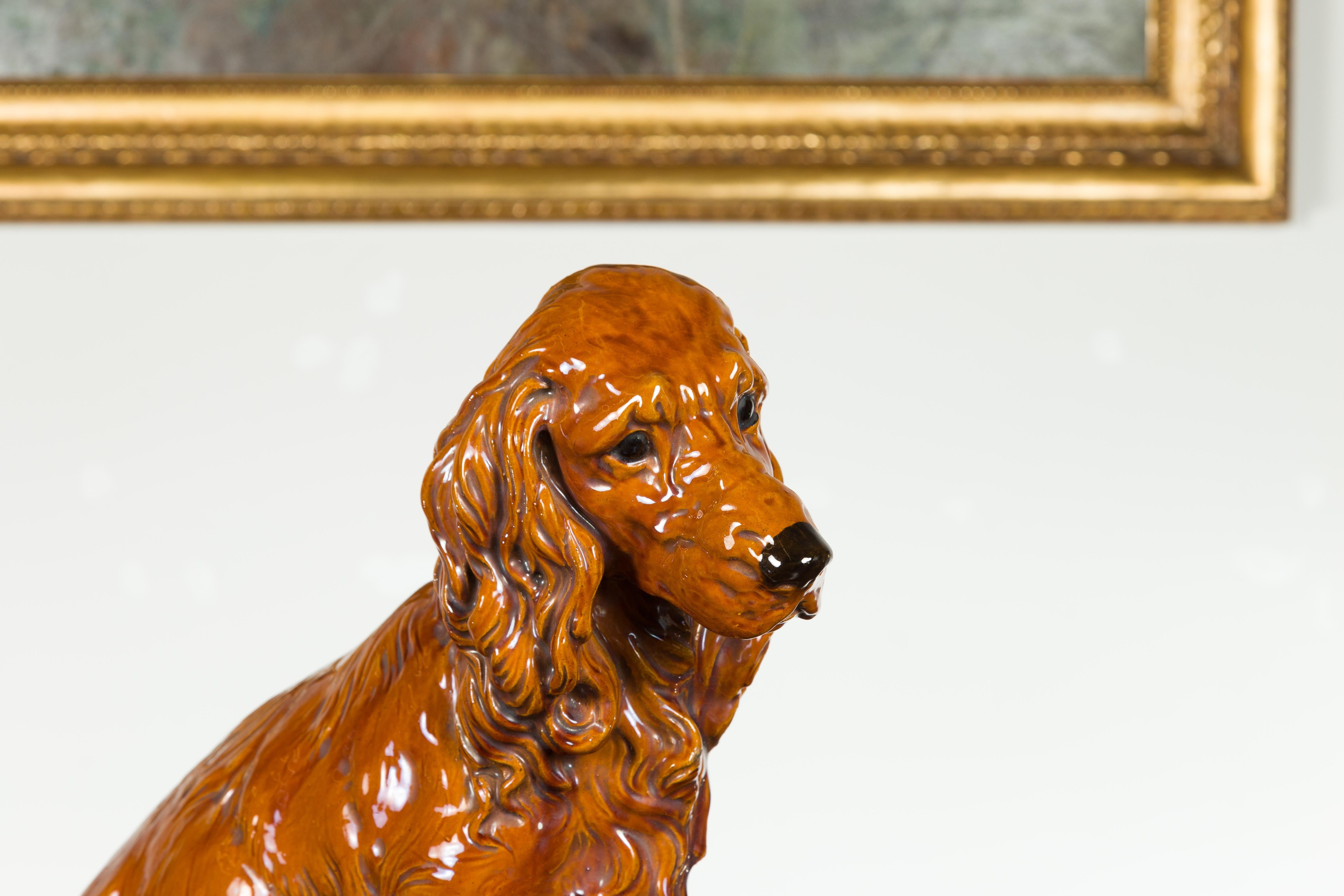 Vintage Glazed Terracotta Dog Sculpture Depicting a Russet Cocker Spaniel 1