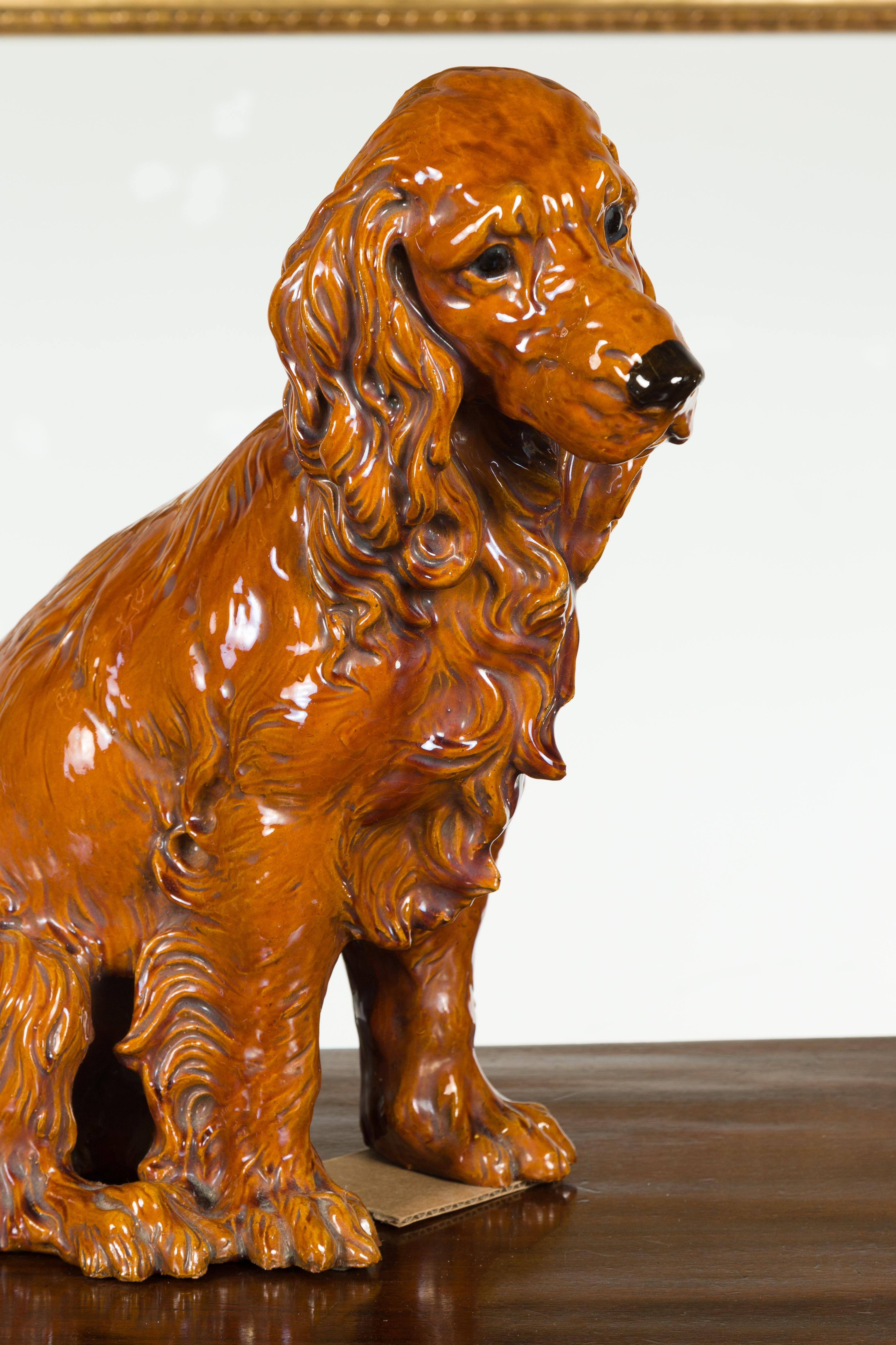 Vintage Glazed Terracotta Dog Sculpture Depicting a Russet Cocker Spaniel 3