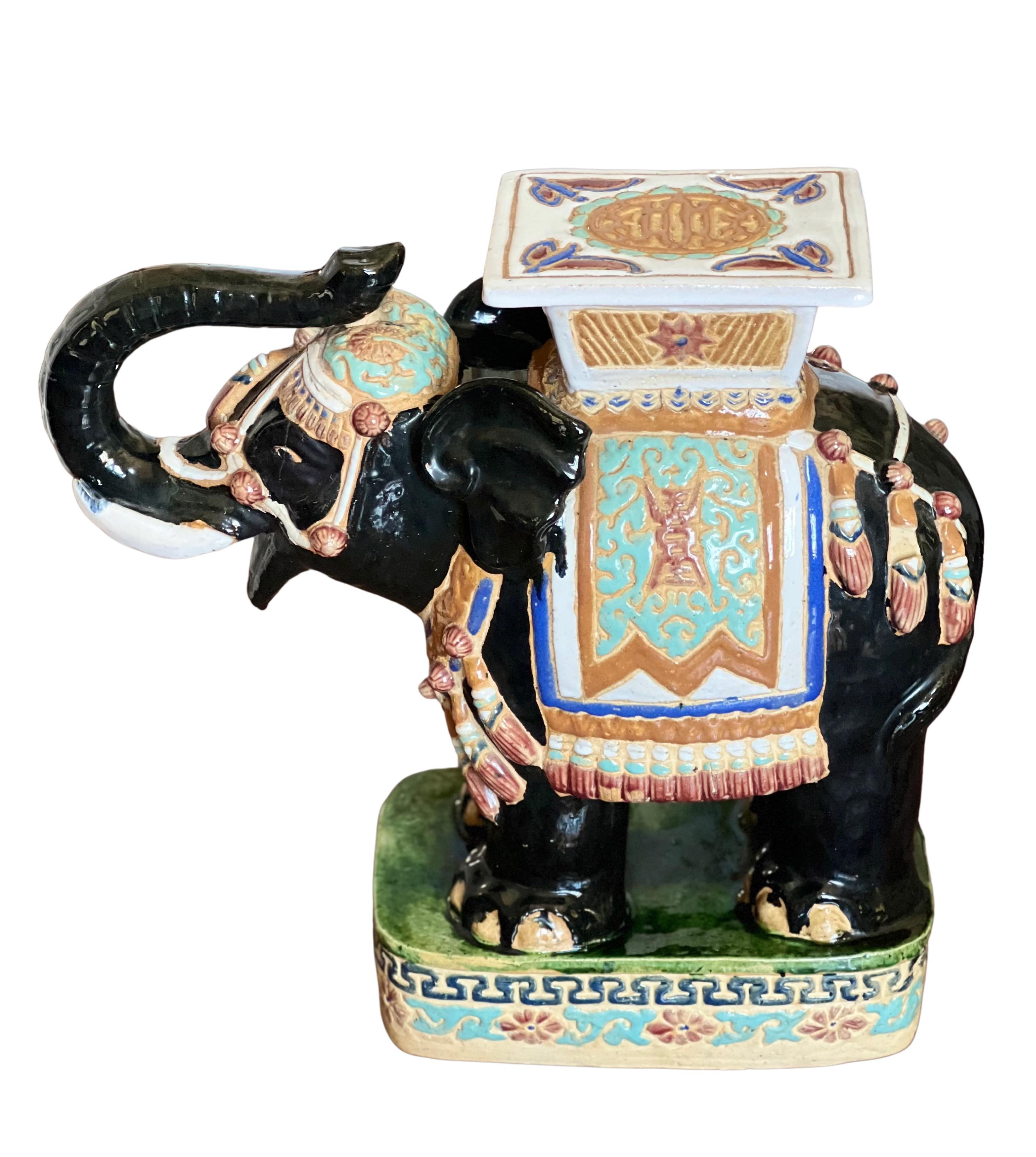 Hollywood Regency Vintage Glazed Terracotta Elephant Garden Stool or Table For Sale