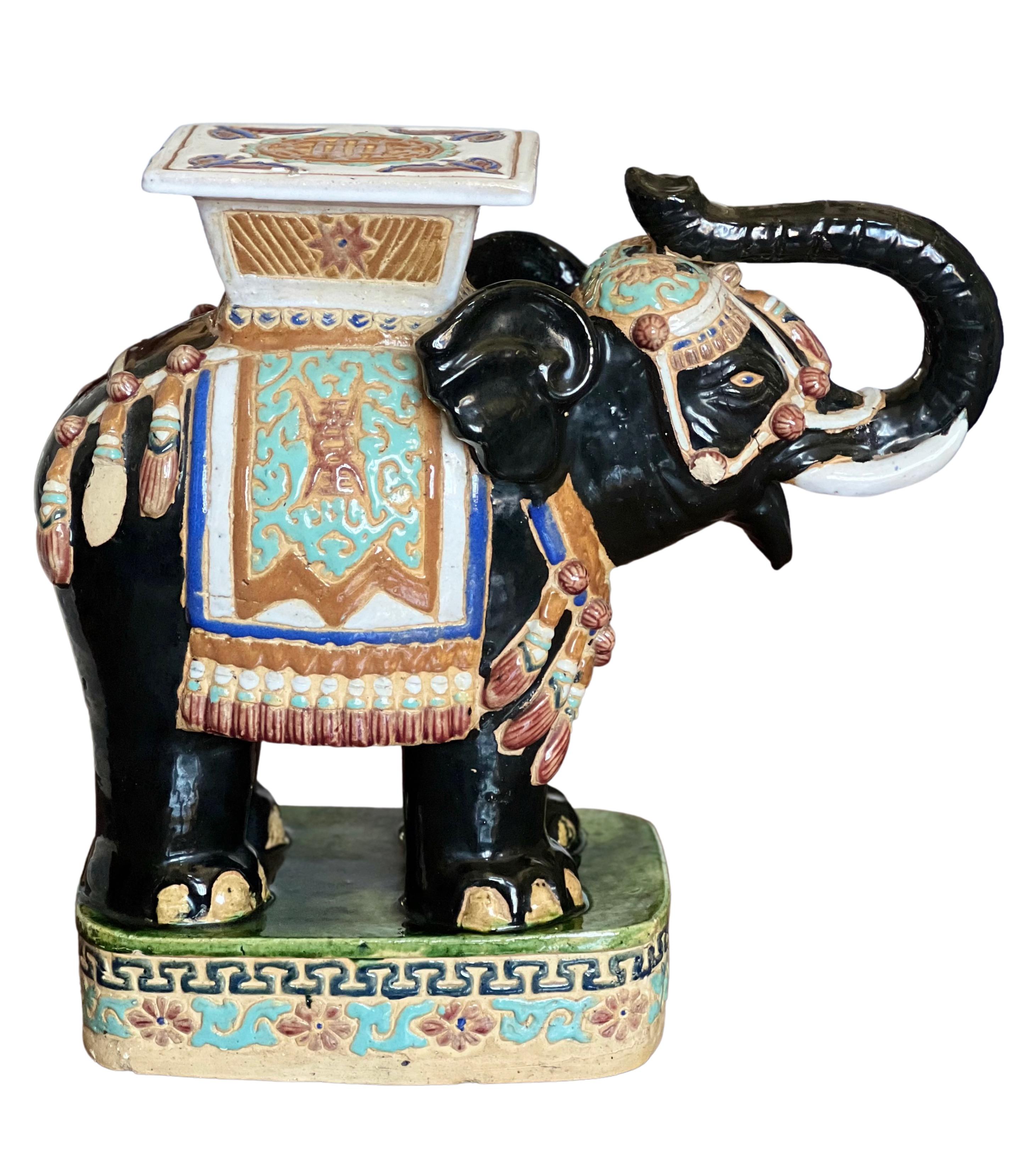 Vintage Glazed Terracotta Elephant Garden Stool or Table For Sale 1
