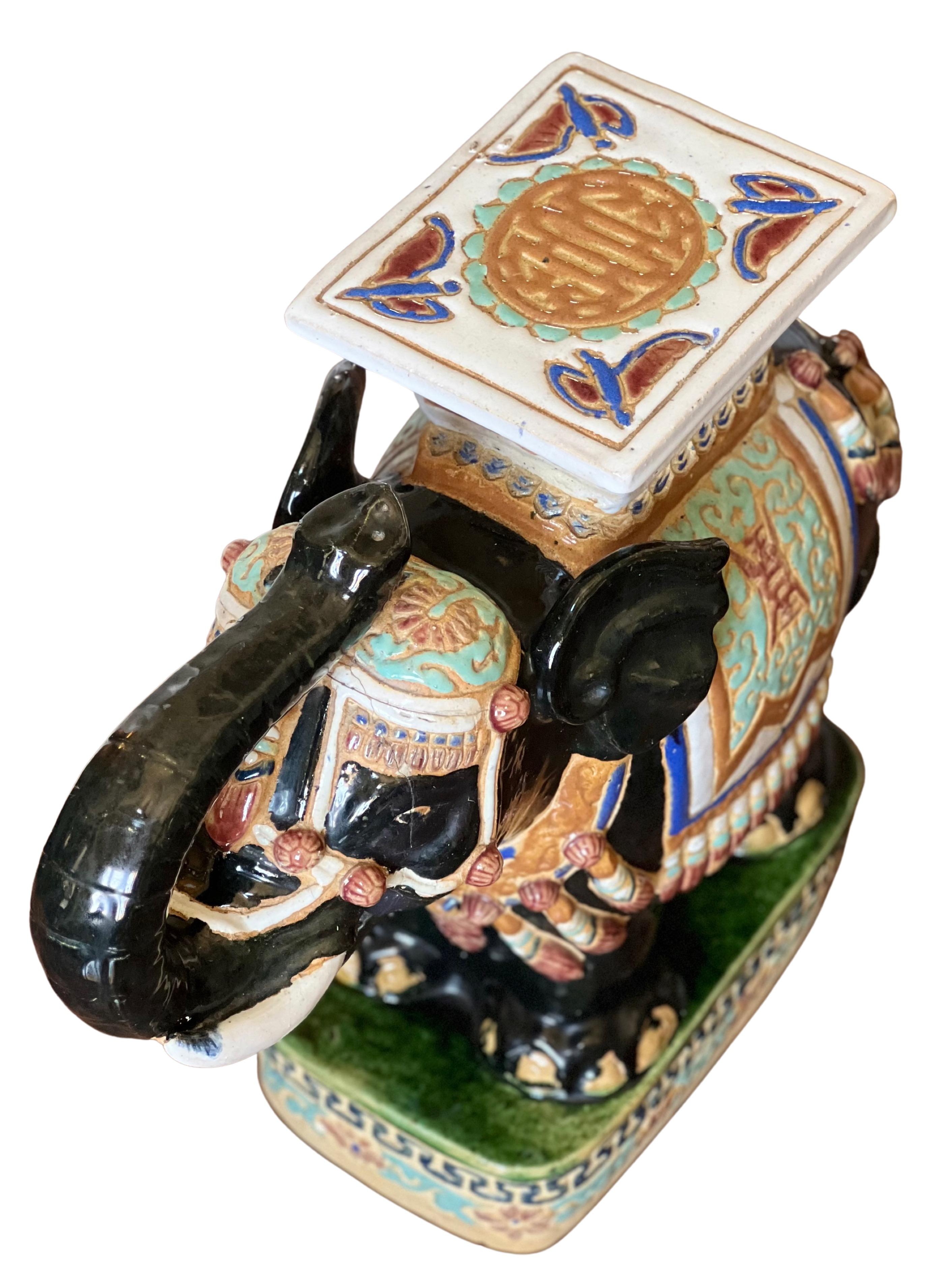 Vintage Glazed Terracotta Elephant Garden Stool or Table For Sale 3