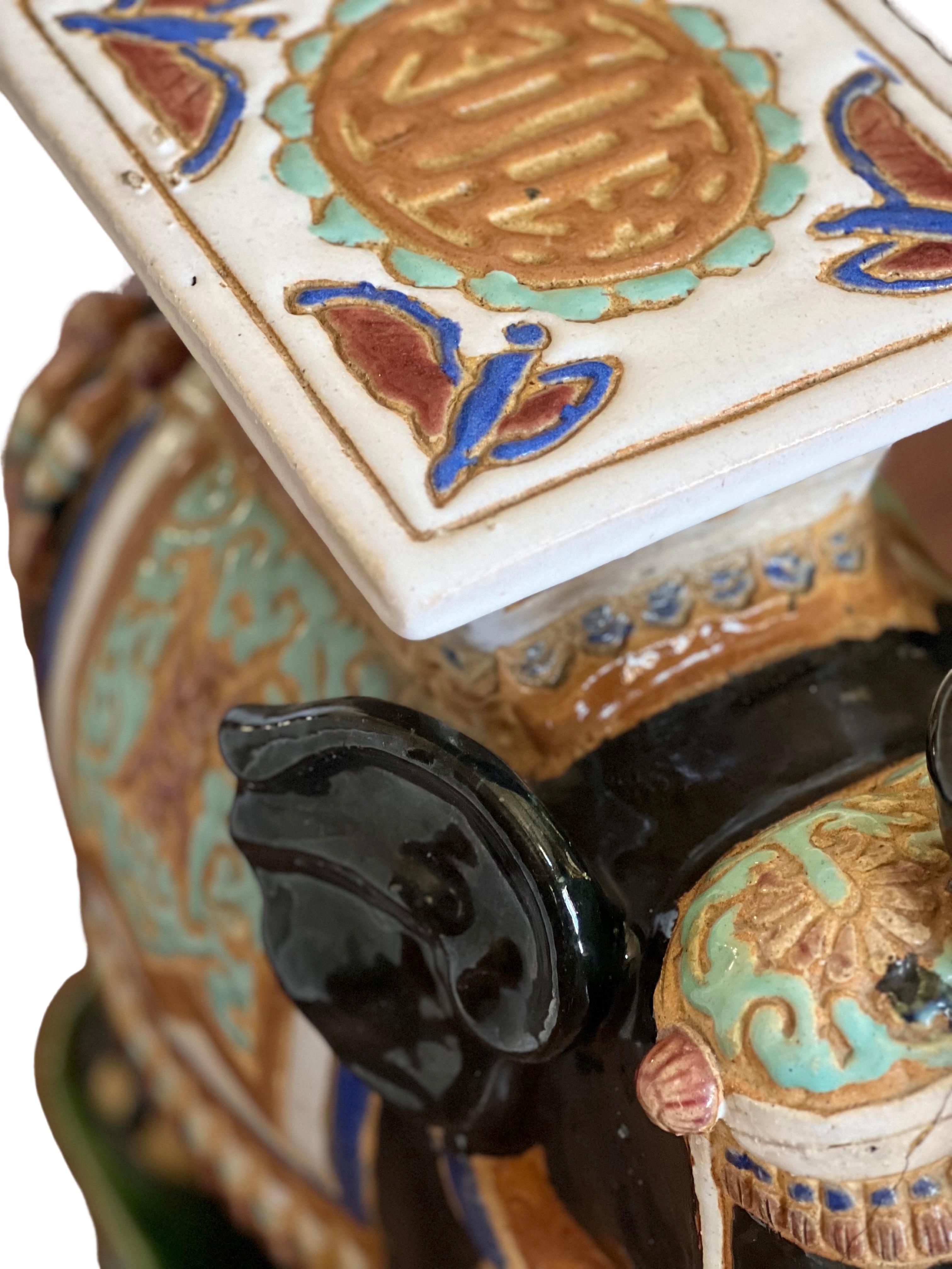 Vintage Glazed Terracotta Elephant Garden Stool or Table For Sale 4