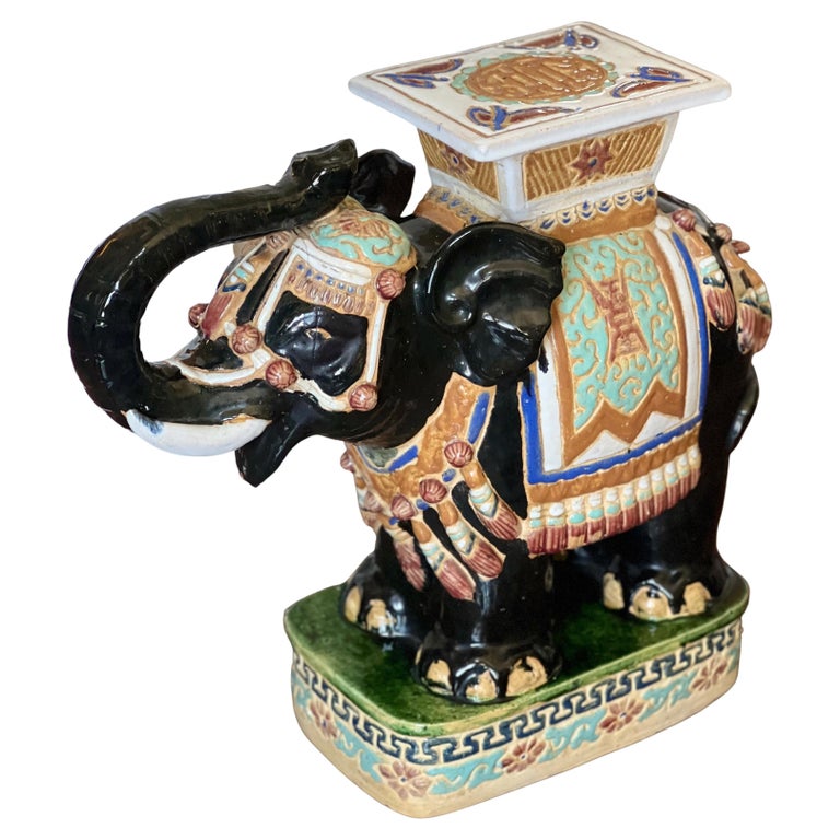 Vintage Glazed Terracotta Elephant Garden Stool or Table For Sale at