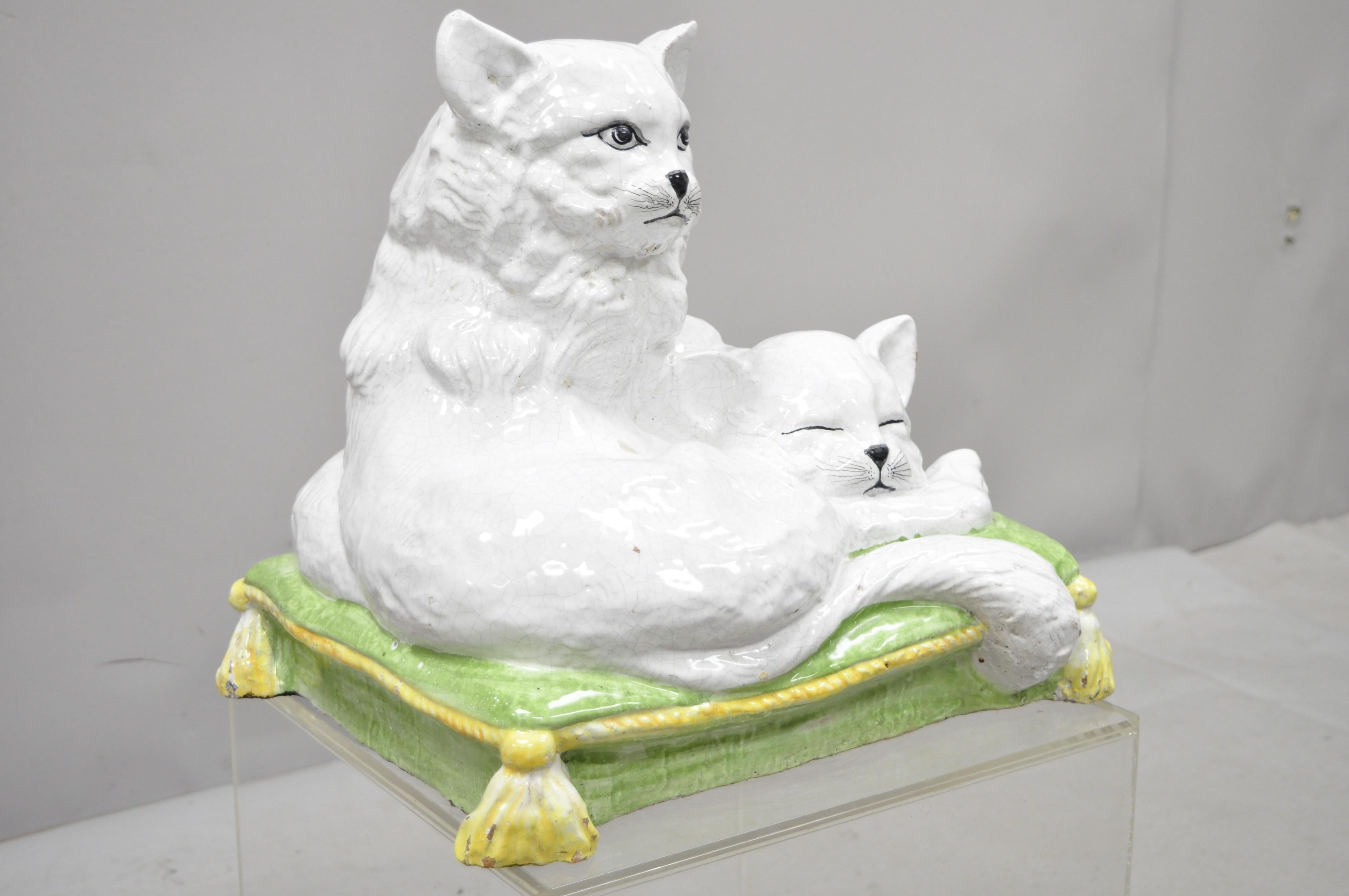 Vintage Glazed Terracotta Italian Hollywood Regency Sculpture Two Cats on Pillow For Sale 5