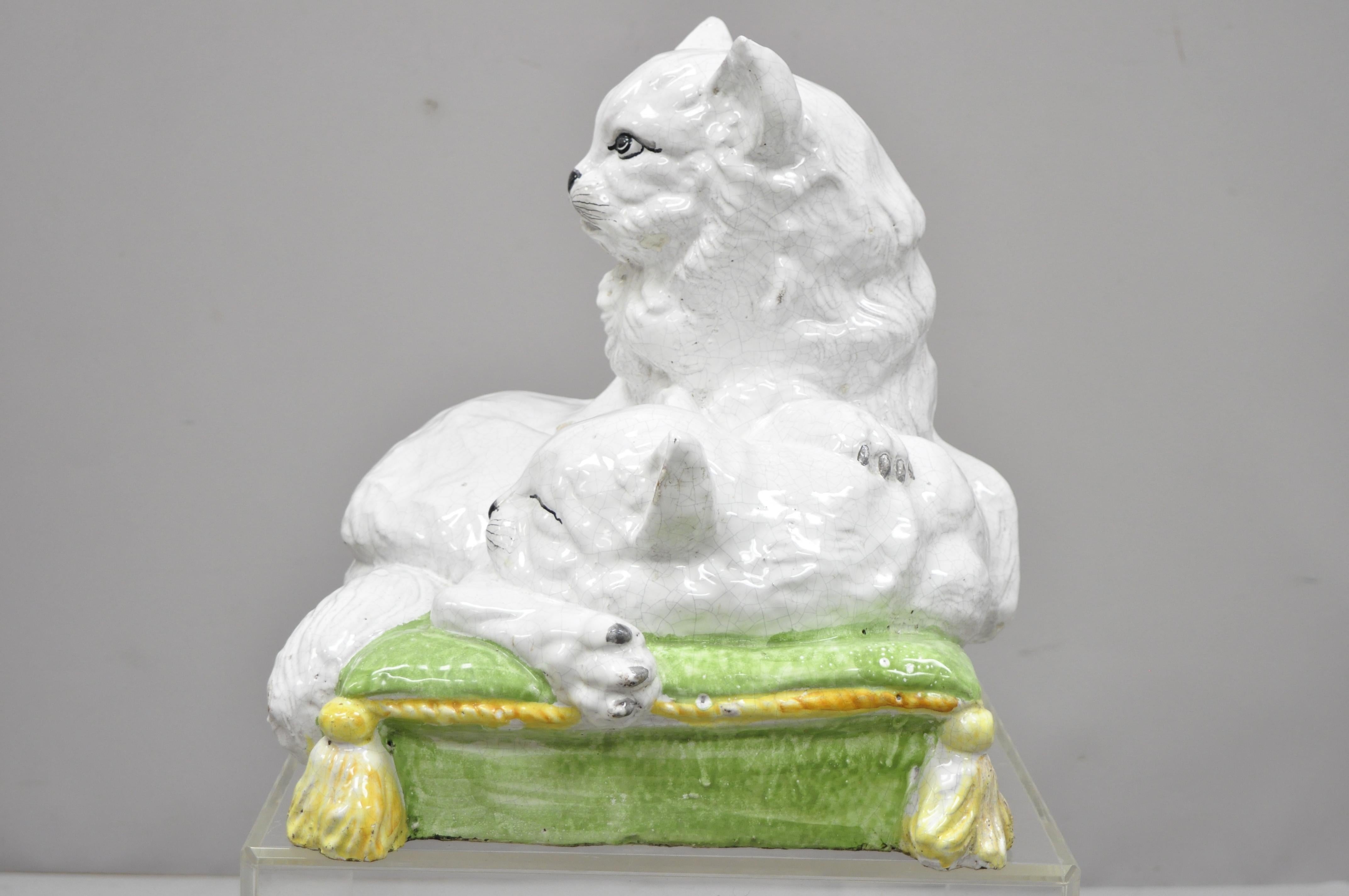 Vintage Glazed Terracotta Italian Hollywood Regency Sculpture Two Cats on Pillow For Sale 1