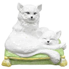 Vintage Terracotta Glazed Italian Hollywood Regency Sculpture Two Cats on Pillow