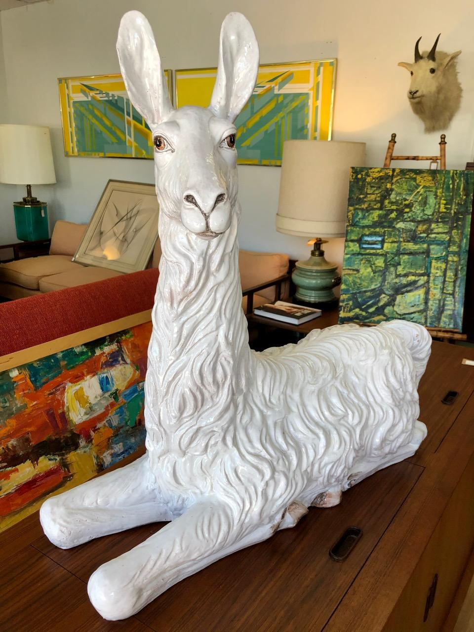 Vintage Glazed Terracotta Llama Sculpture, circa 1970s 5