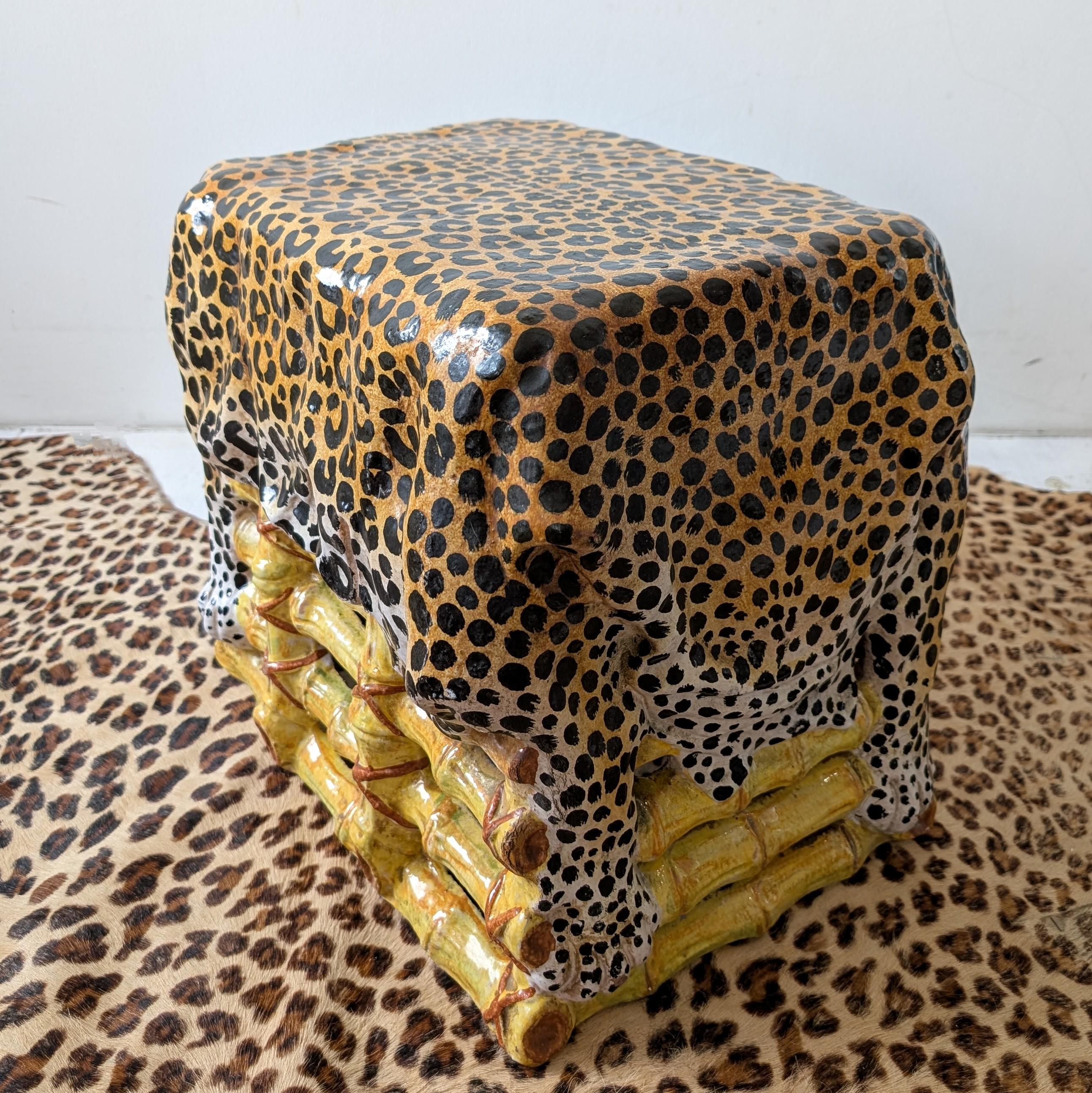 Vintage glazed terracotta side table/stool in bamboo and leopard hide design For Sale 2