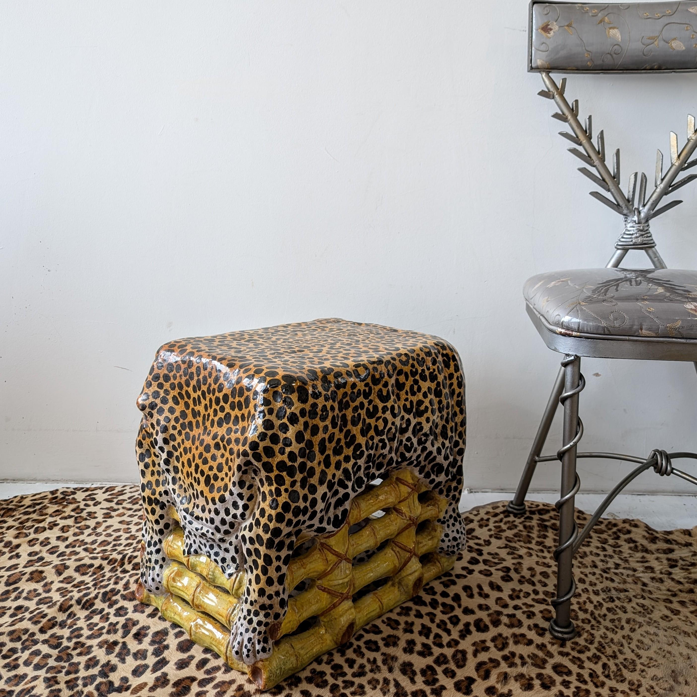 Vintage glazed terracotta side table/stool in bamboo and leopard hide design For Sale 3