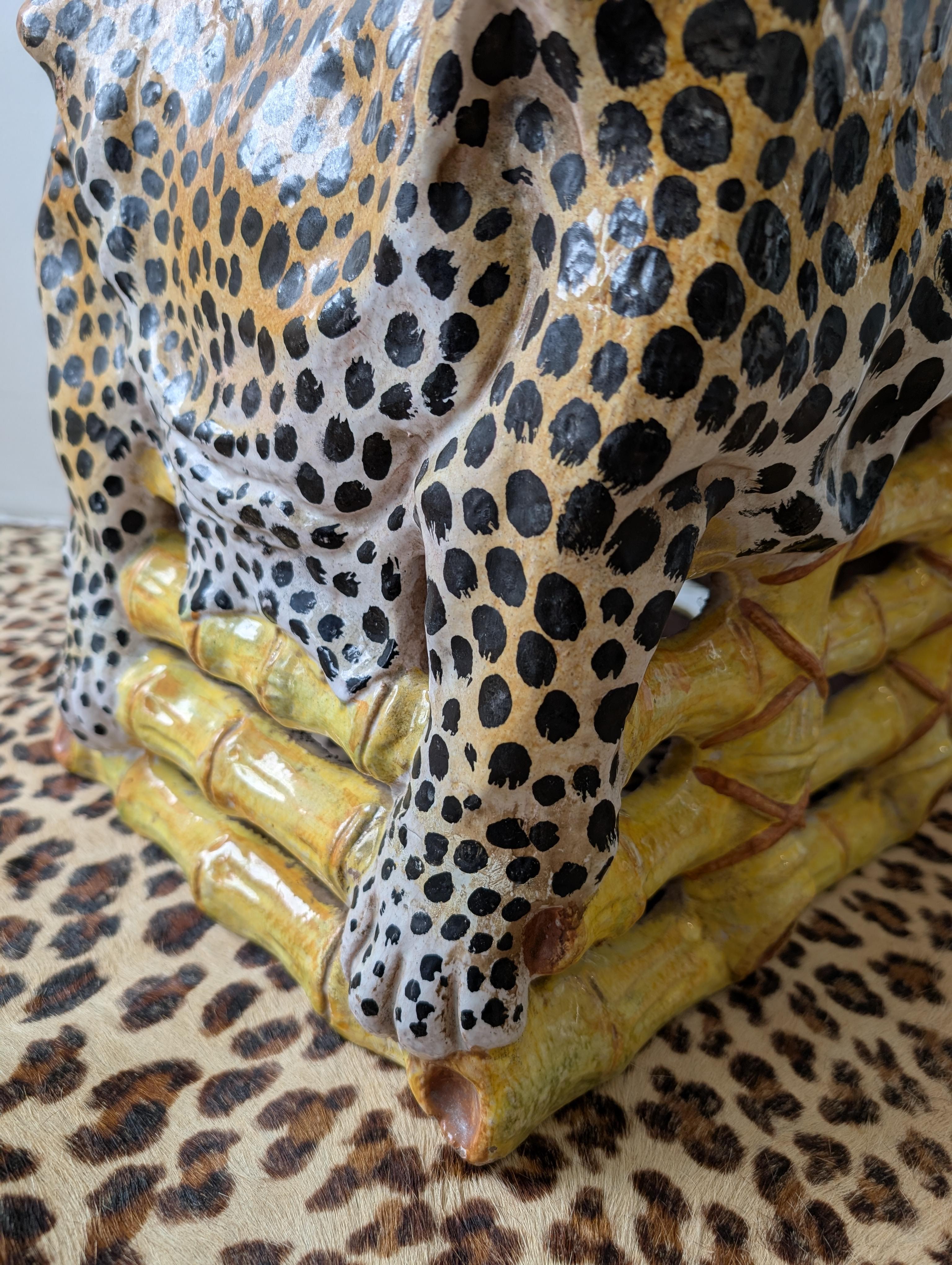 Vintage glazed terracotta side table/stool in bamboo and leopard hide design For Sale 5