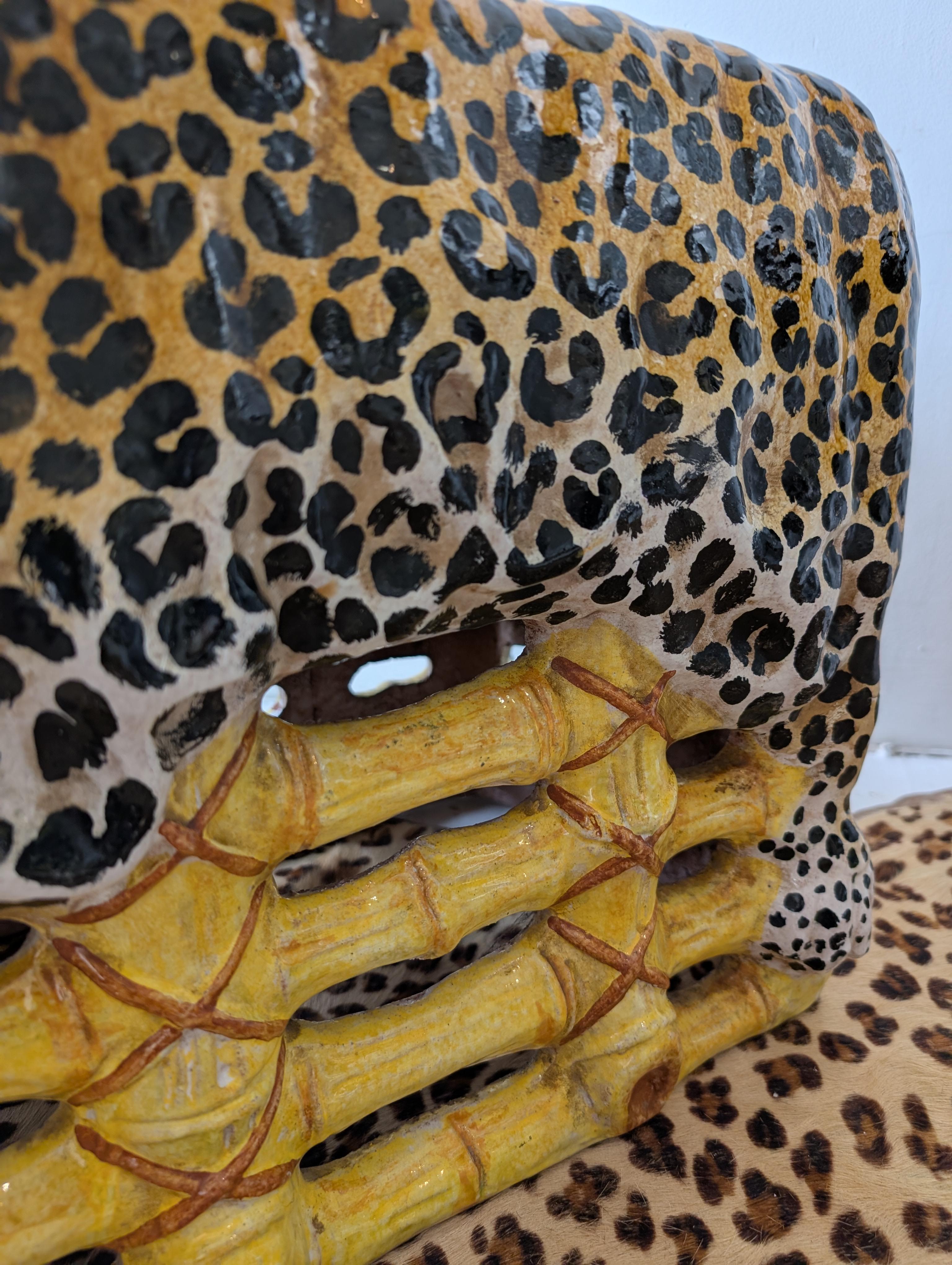 Vintage glazed terracotta side table/stool in bamboo and leopard hide design For Sale 6