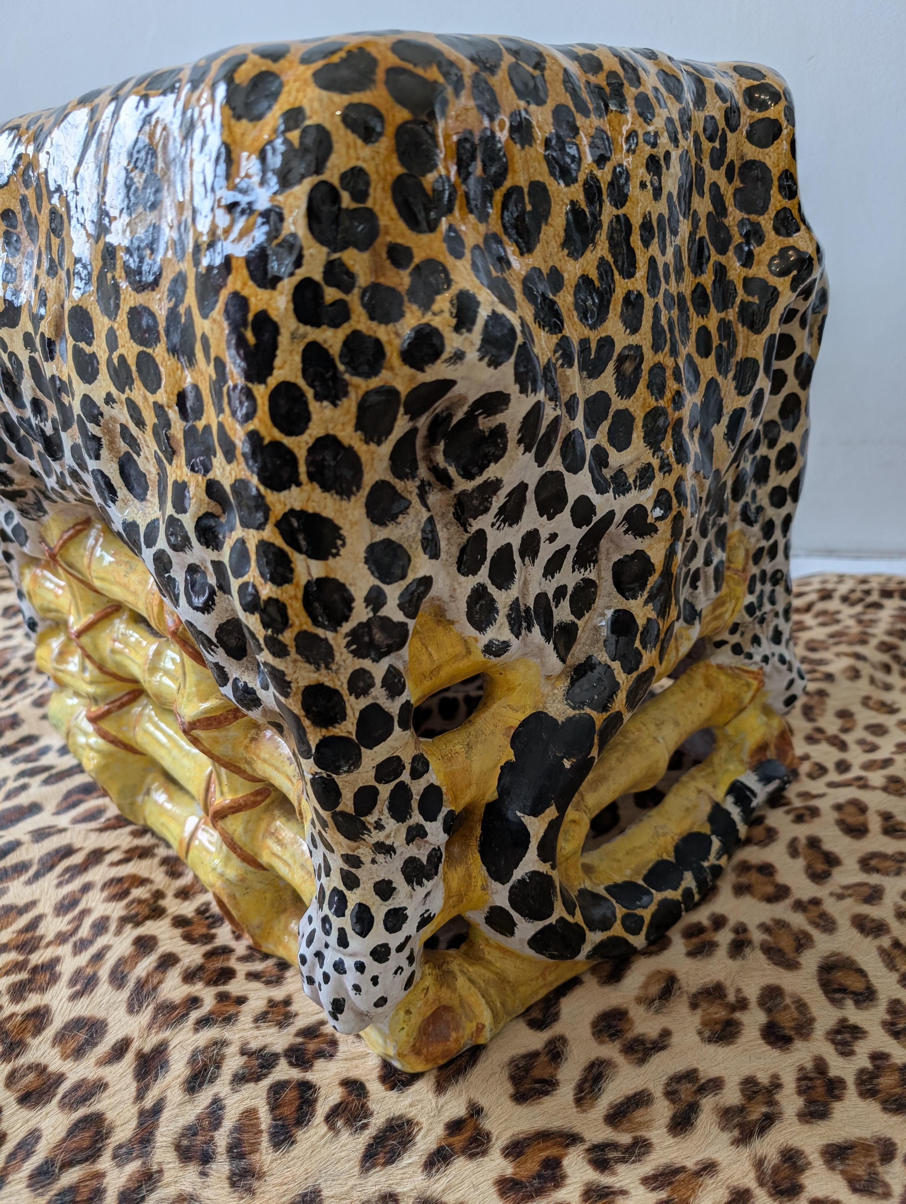 Vintage glazed terracotta side table/stool in bamboo and leopard hide design For Sale 7