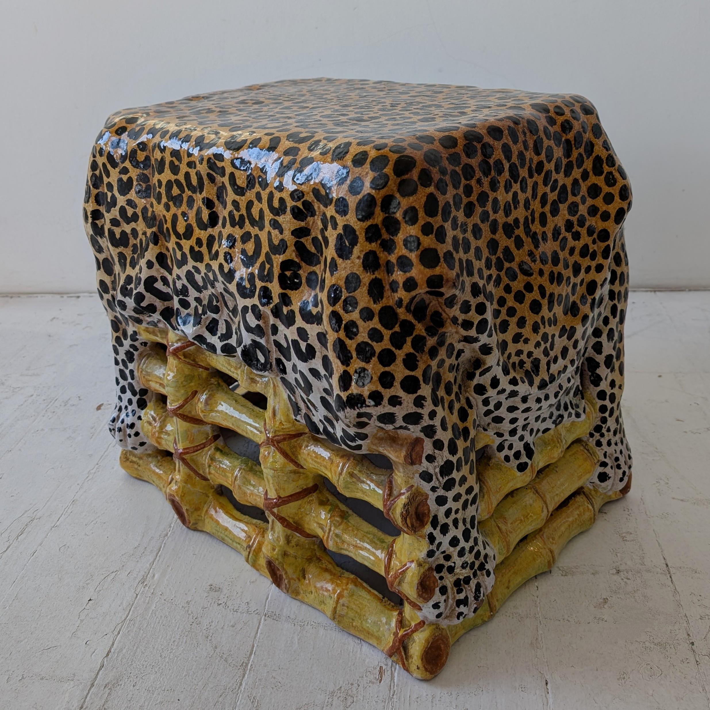 Mid-Century Modern Vintage glazed terracotta side table/stool in bamboo and leopard hide design For Sale