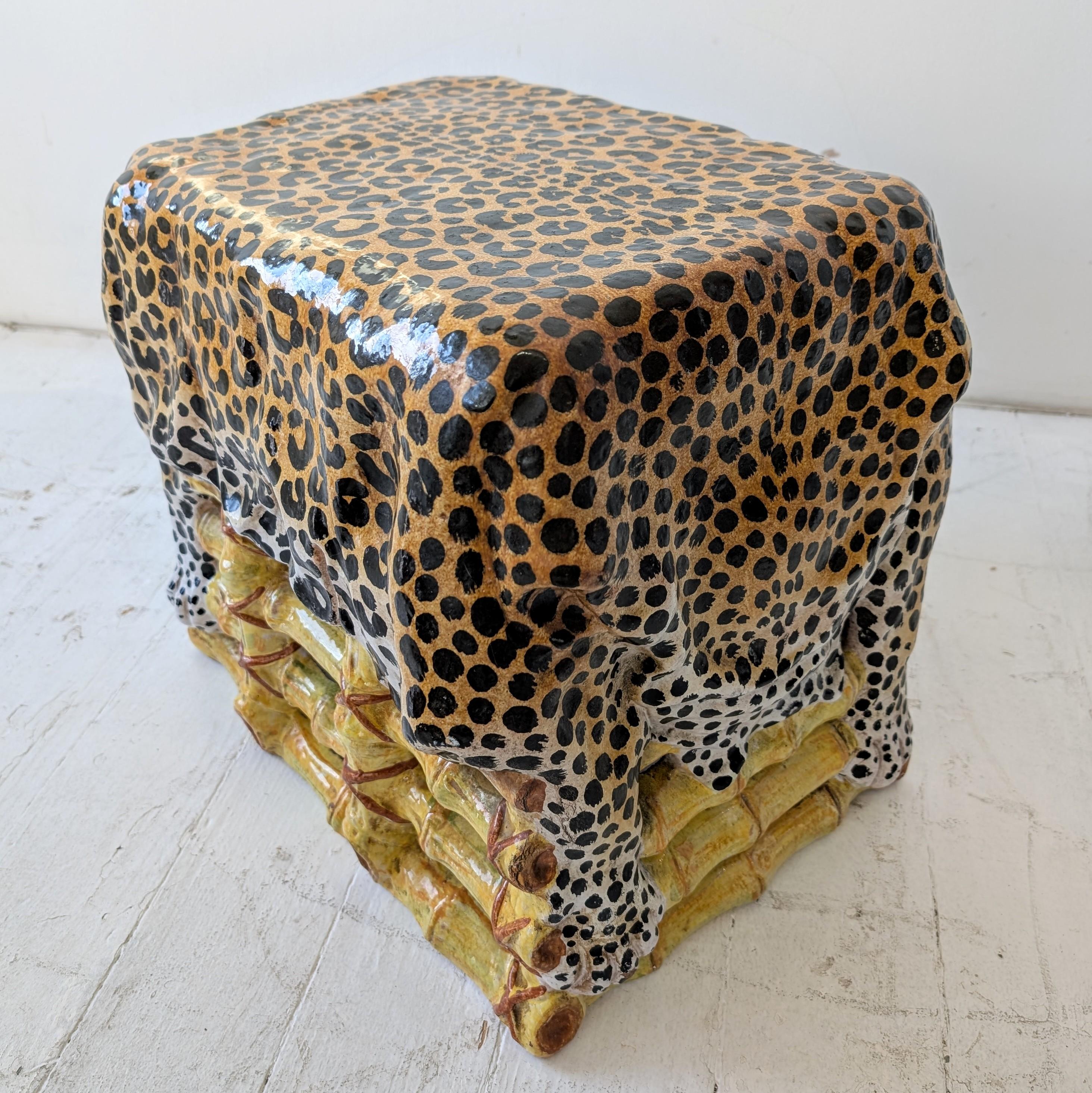 Italian Vintage glazed terracotta side table/stool in bamboo and leopard hide design For Sale