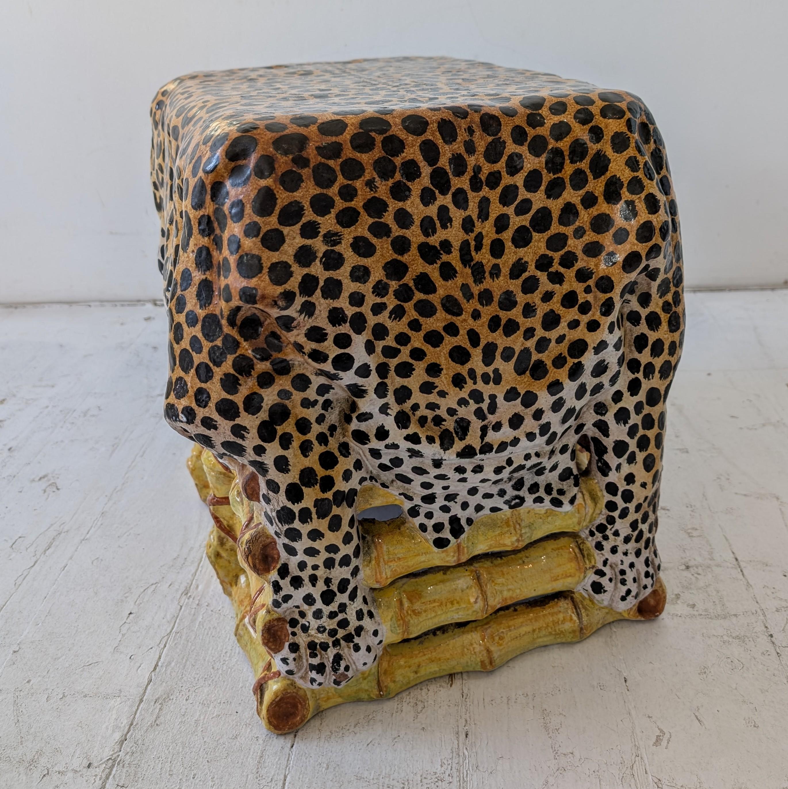 Glazed Vintage glazed terracotta side table/stool in bamboo and leopard hide design For Sale