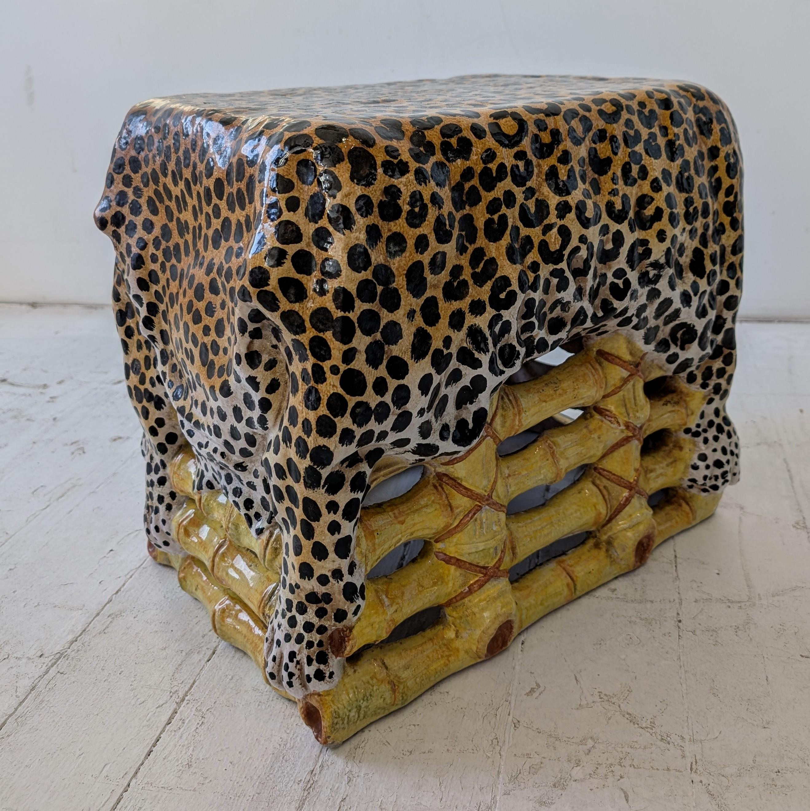 Vintage glazed terracotta side table/stool in bamboo and leopard hide design In Good Condition For Sale In Hastings, GB