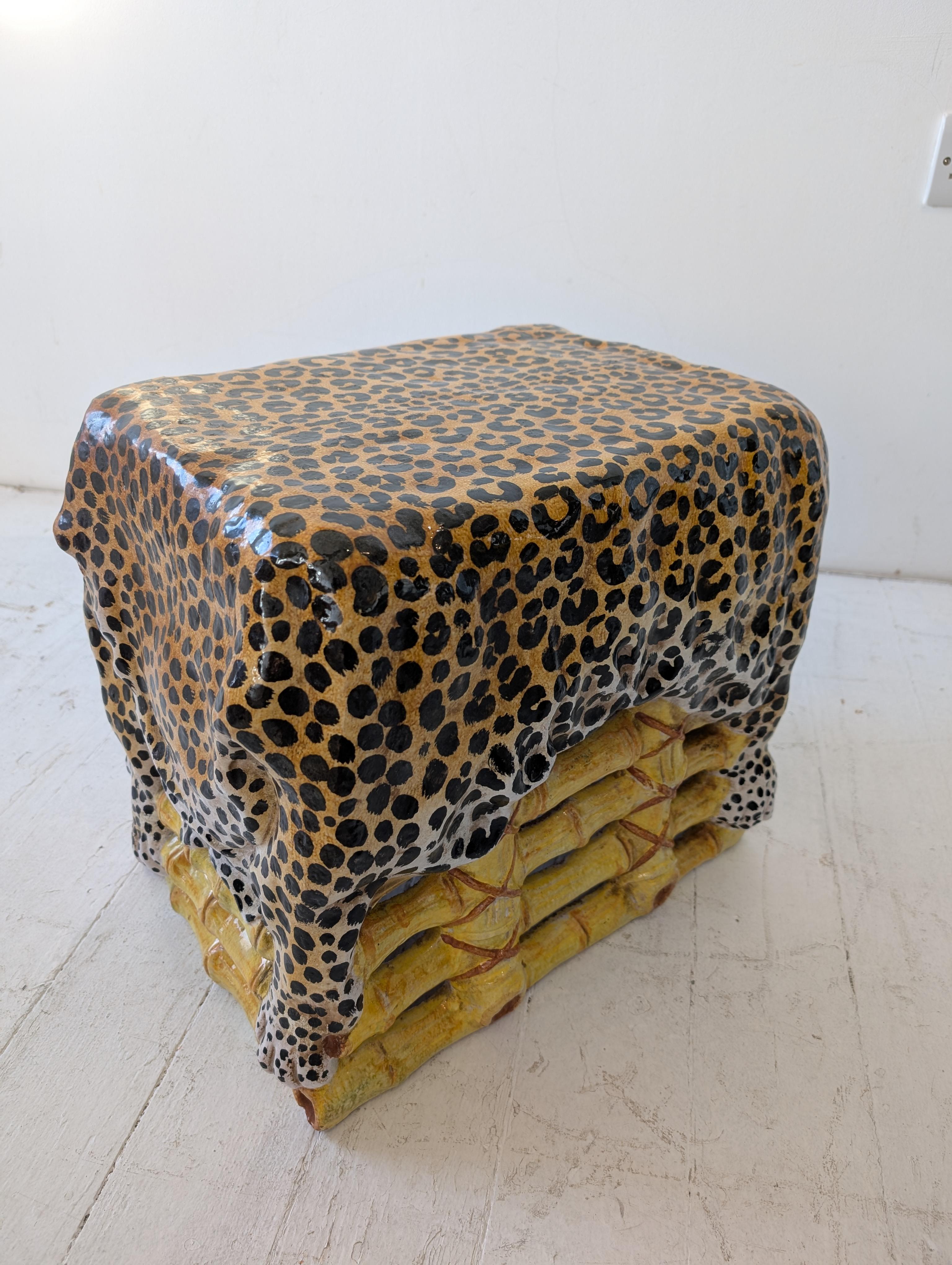 20th Century Vintage glazed terracotta side table/stool in bamboo and leopard hide design For Sale