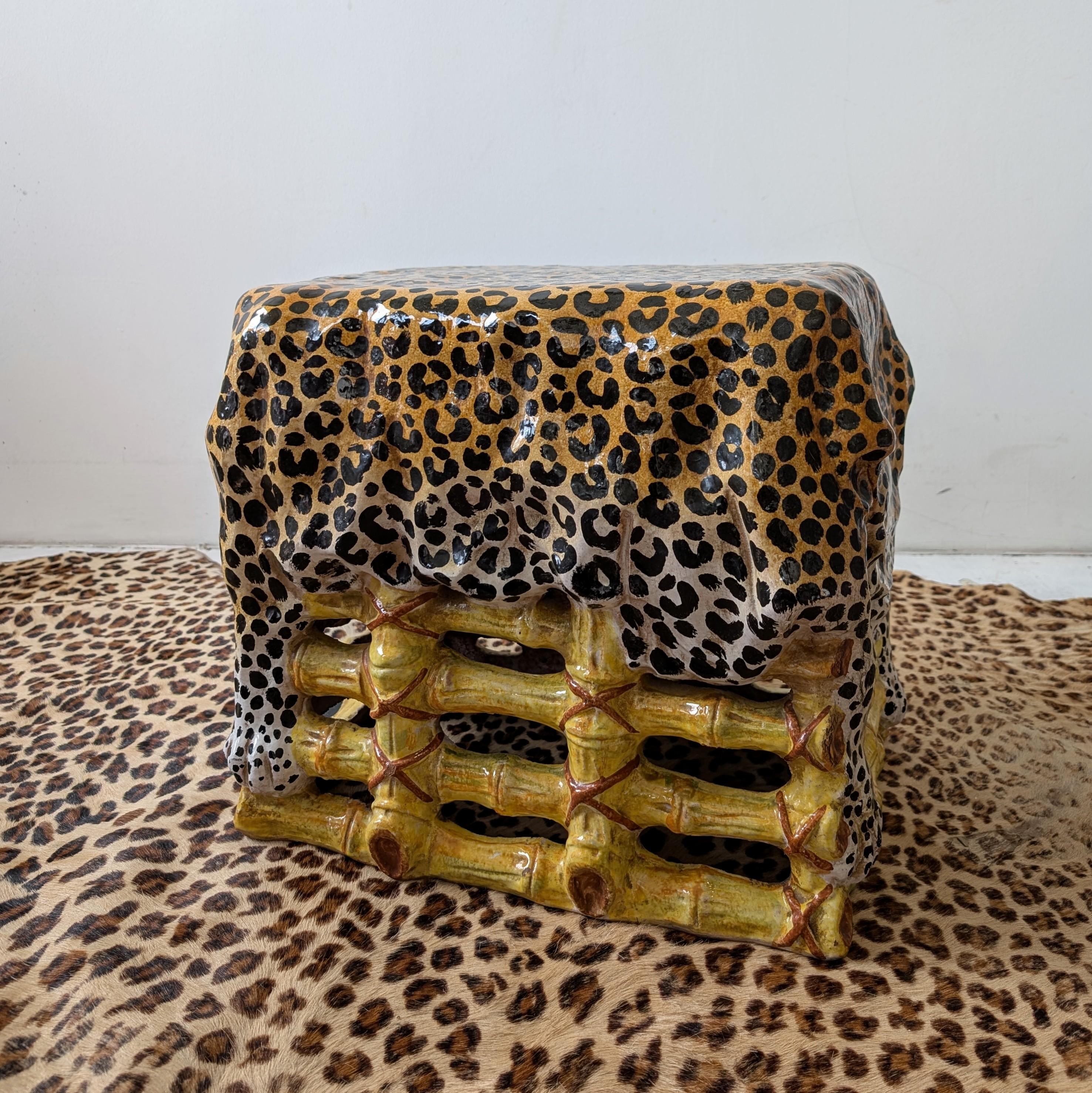 Terracotta Vintage glazed terracotta side table/stool in bamboo and leopard hide design For Sale