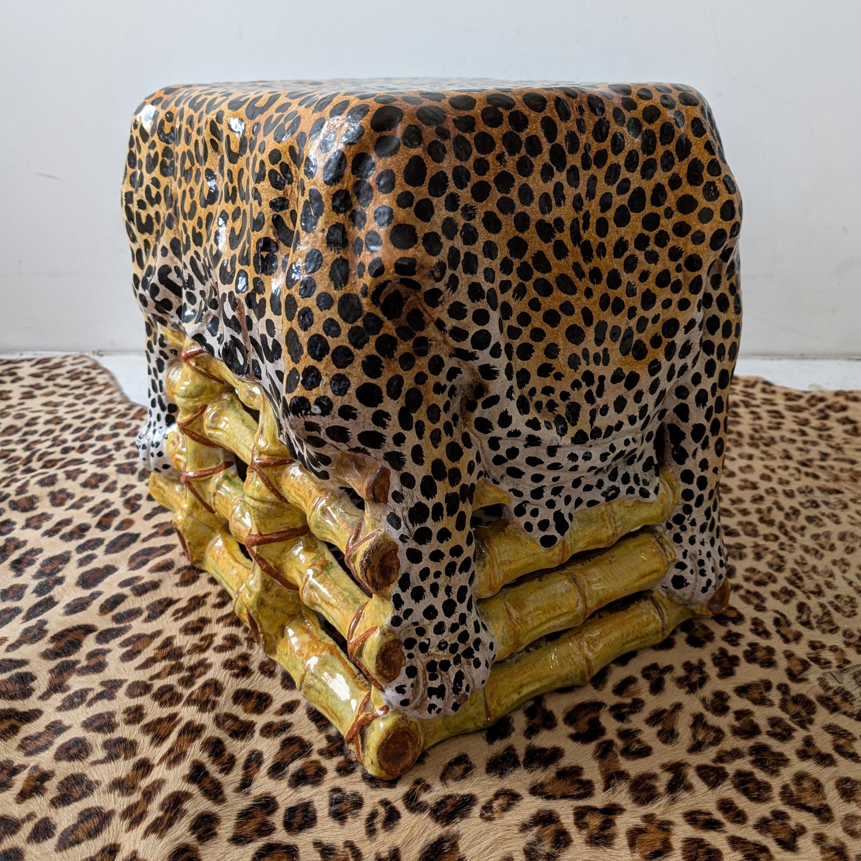 Vintage glazed terracotta side table/stool in bamboo and leopard hide design For Sale 1